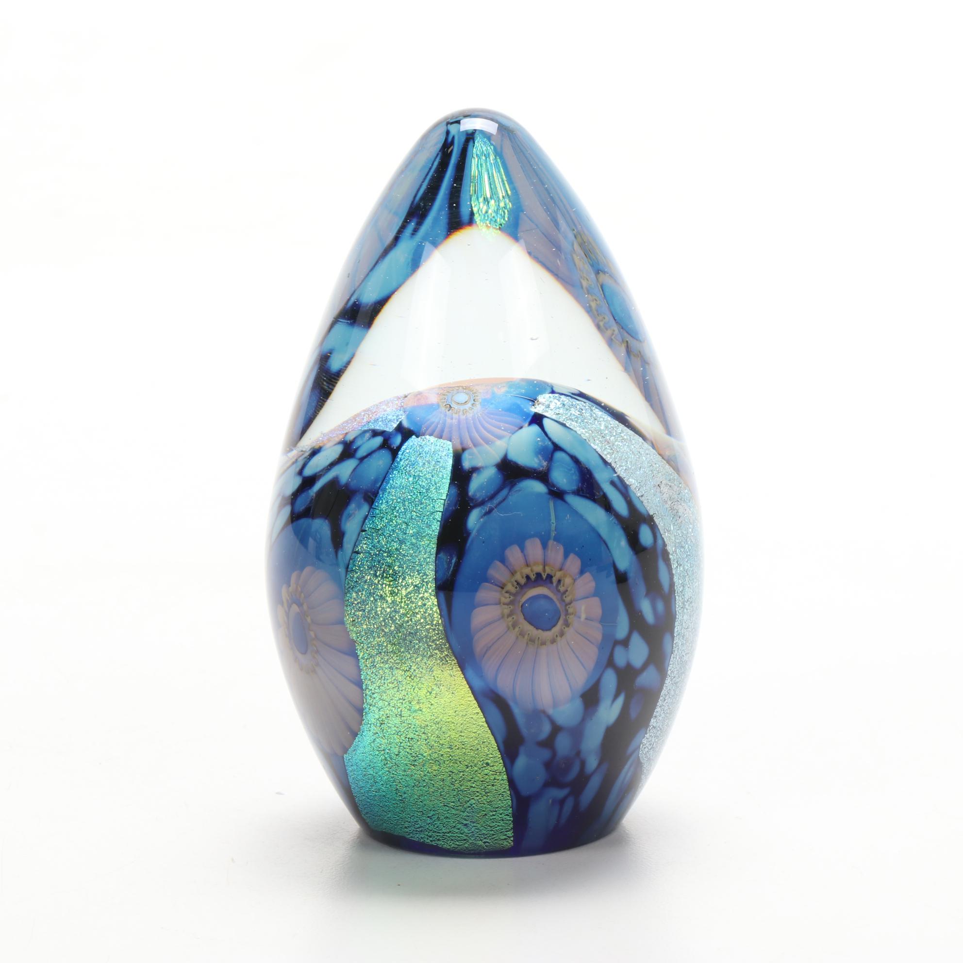 Robert Eickholt "Deep Sea" and Pulled Feather Handblown Art Glass Paperweights