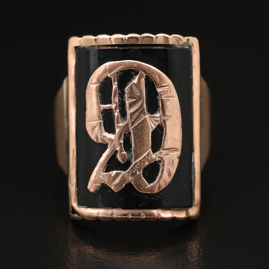 Vintage 10K Monogrammed Black Onyx Signet Ring