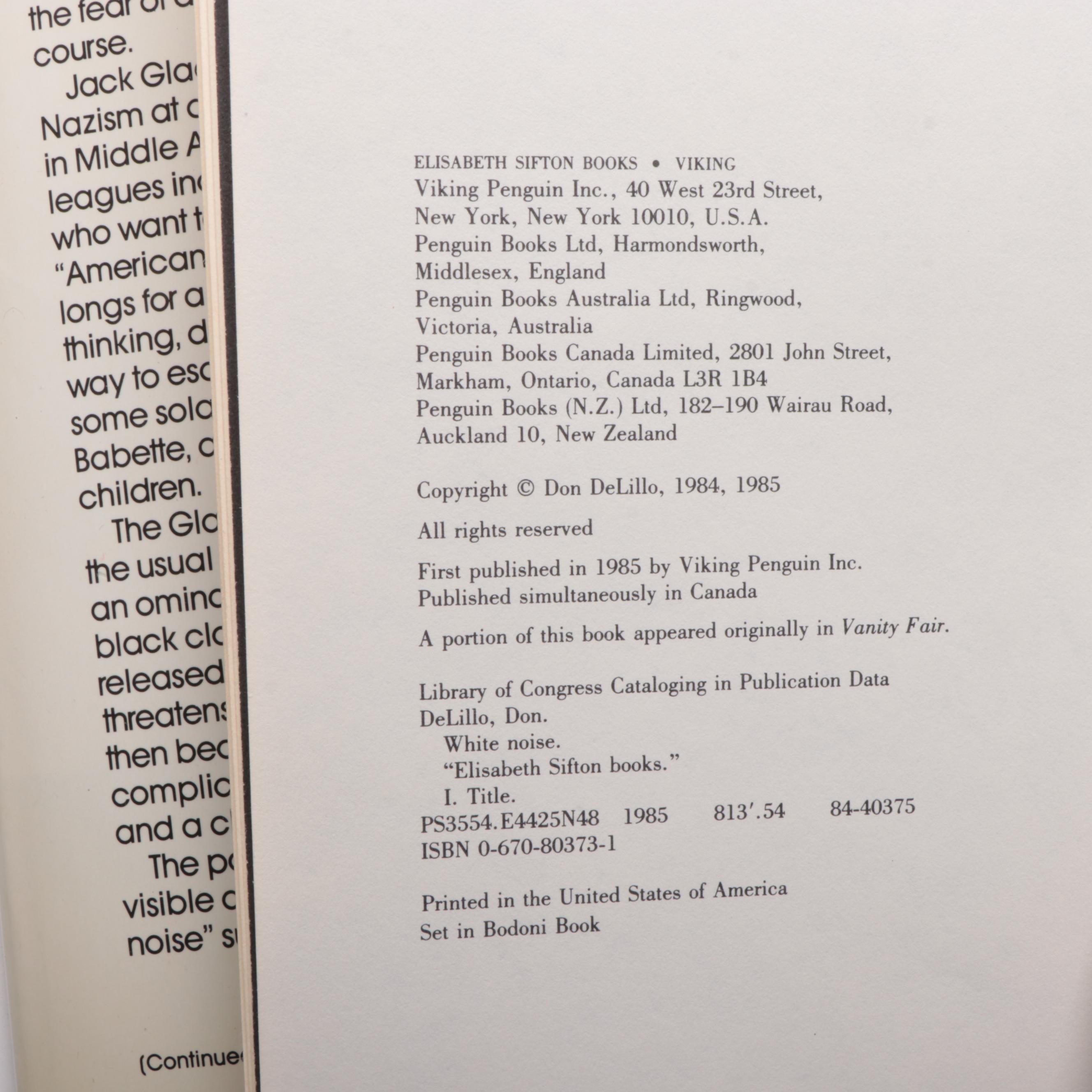 First Edition "White Noise" by Don DeLillo, 1985