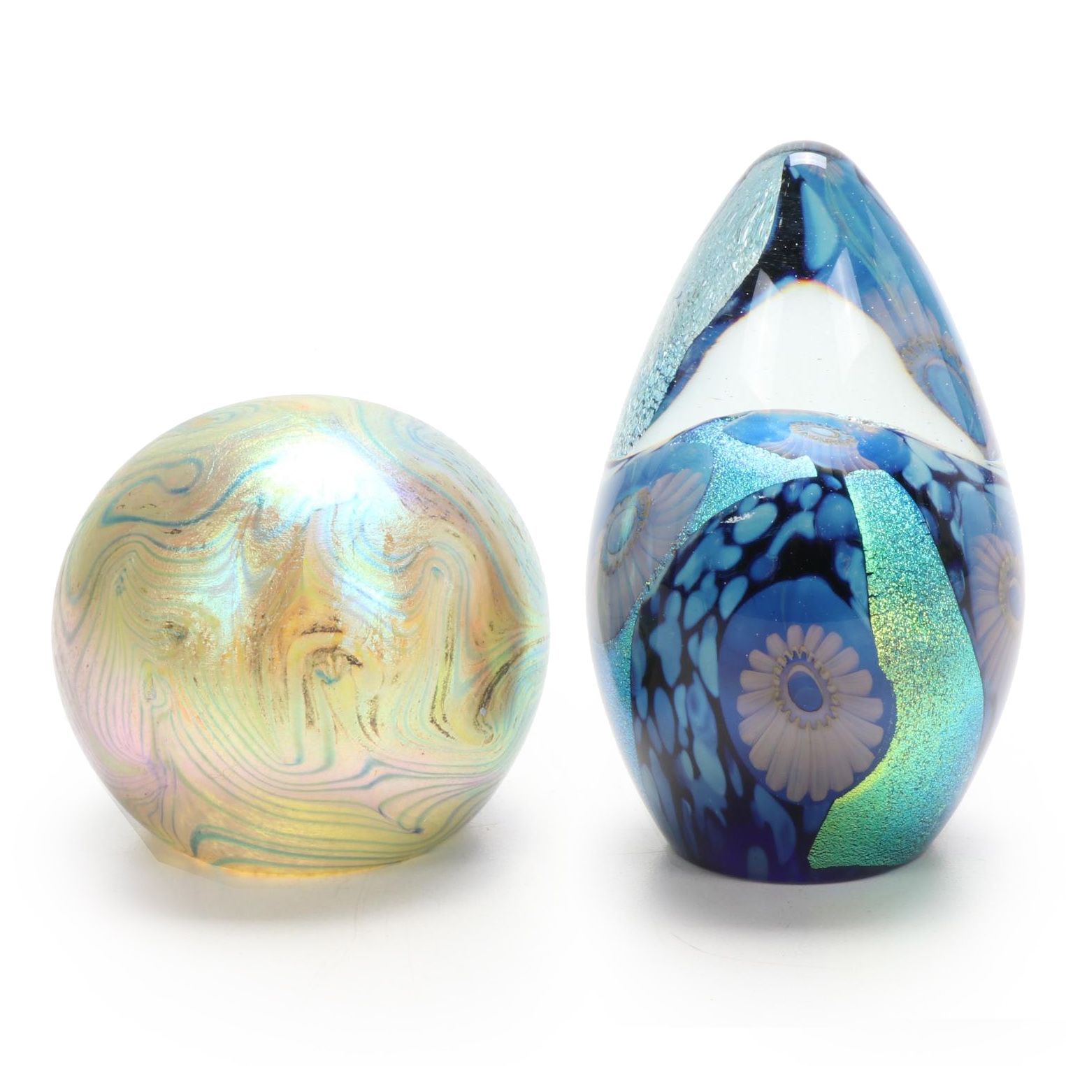 Robert Eickholt "Deep Sea" and Pulled Feather Handblown Art Glass Paperweights