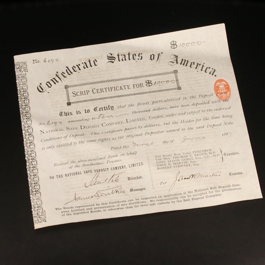 Confederate States Script Certificate for $10,000