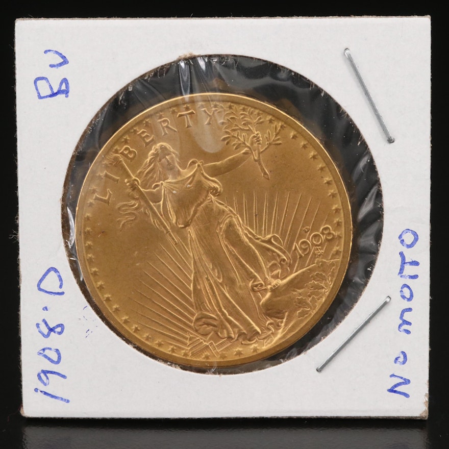 Low Mintage 1908-D “No Motto” Saint-Gaudens $20 Gold Double Eagle