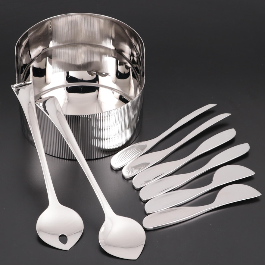 Georg Jensen "Urkiola" Stainless Steel Bowl, Cheese Knives, and Salad Servers