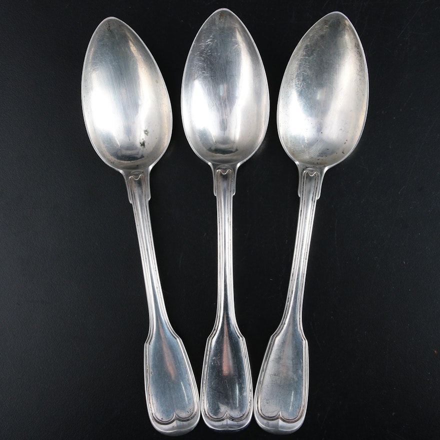 German 800 Silver "Tipped" Serving Spoons with Fiddle Handle, 19th Century