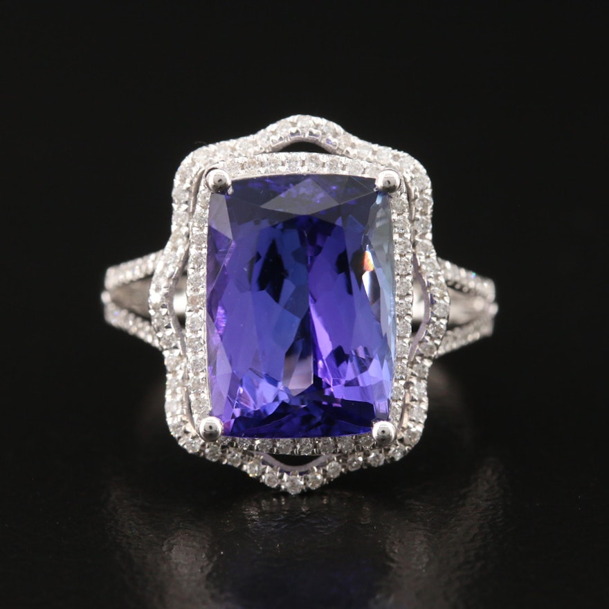 18K 6.81 CT Tanzanite and Diamond Halo Ring with GIA Report