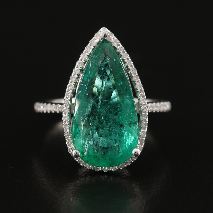 14K 4.92 CT Emerald and Diamond Teardrop Ring