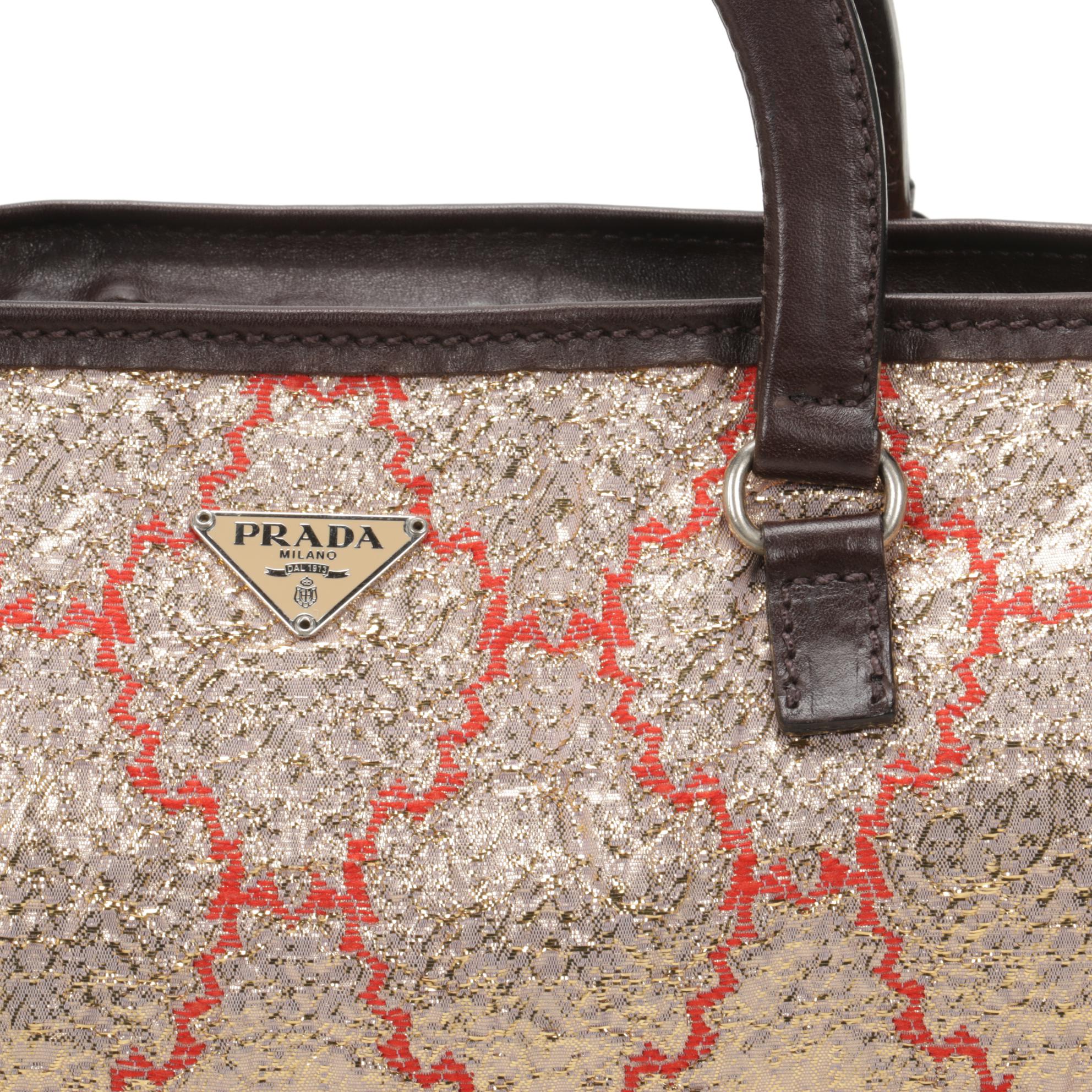Prada Top Handle Bag in Metallic Brocade and Leather