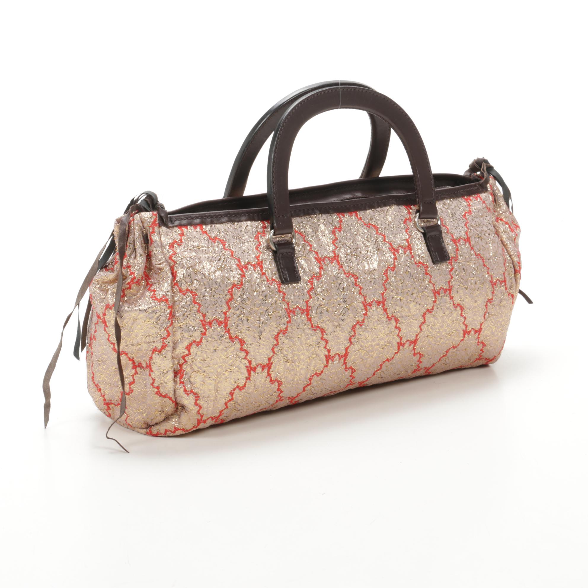 Prada Top Handle Bag in Metallic Brocade and Leather