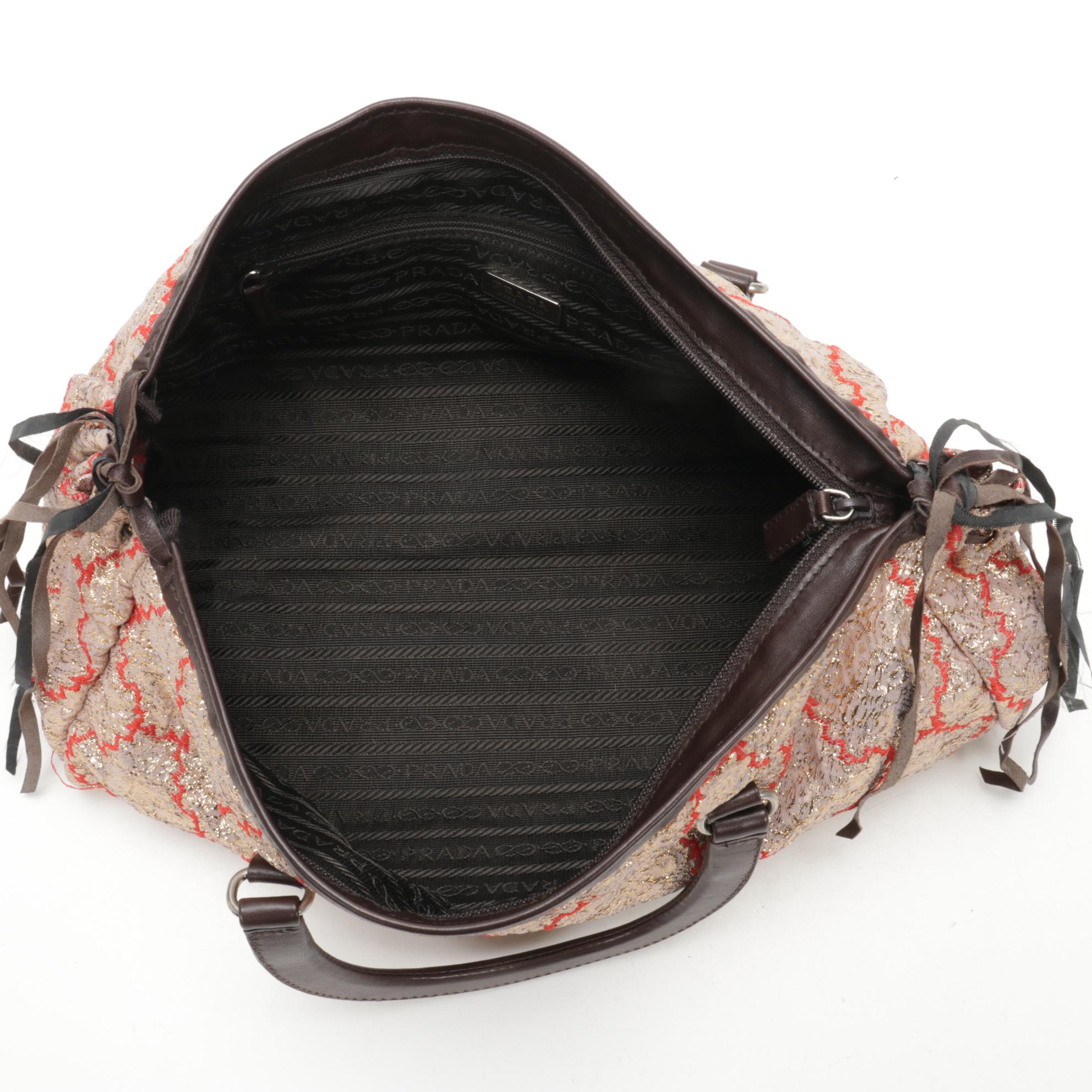 Prada Top Handle Bag in Metallic Brocade and Leather