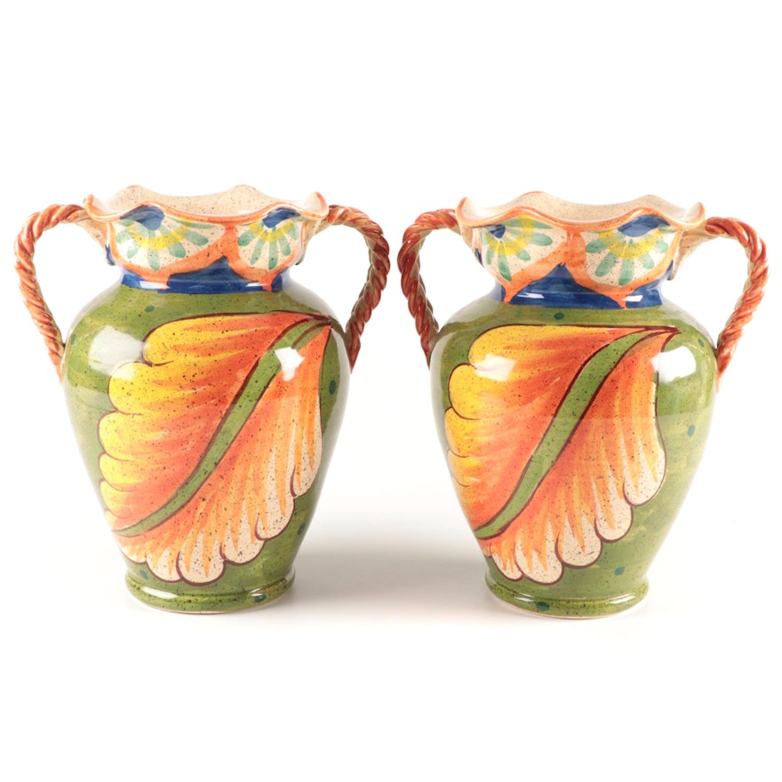 Pair of Italian Foliate Motif Glazed Ceramic Amphora Vases