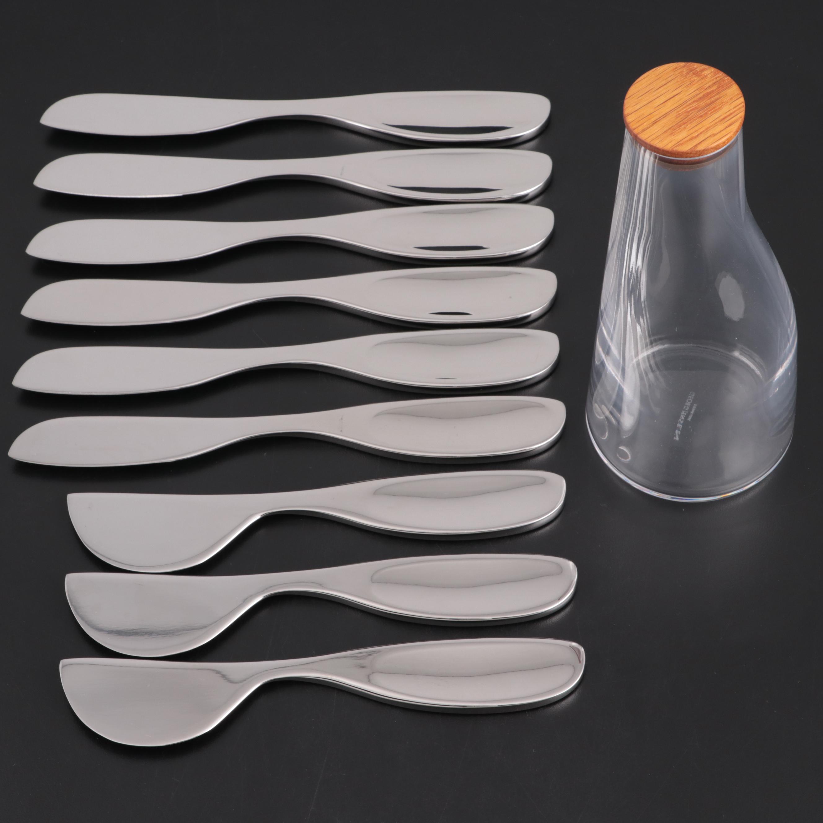 Georg Jensen "Alfredo" Stainless Steel Cheese Knives with "Barbry" Glass Carafe