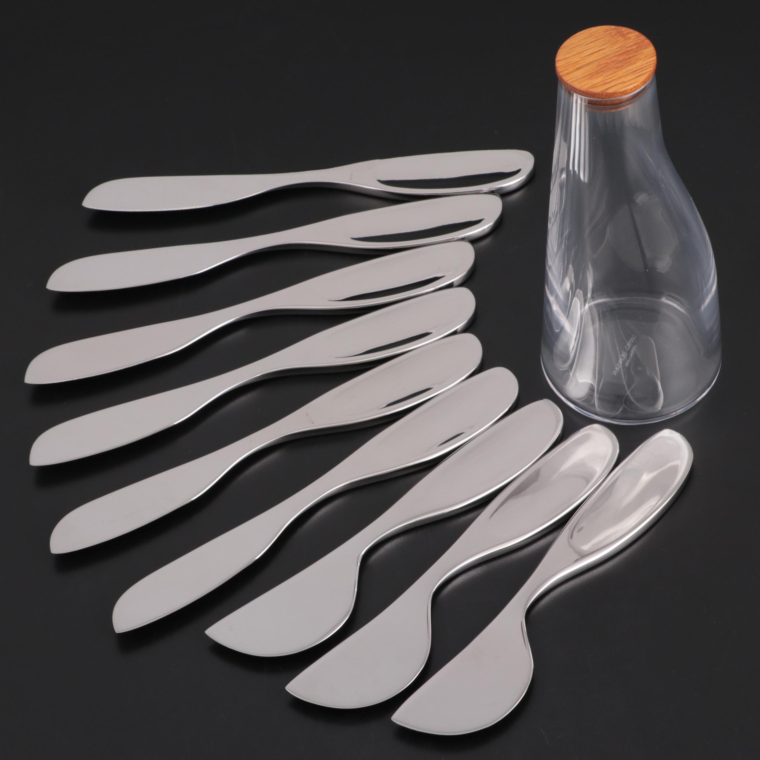 Georg Jensen "Alfredo" Stainless Steel Cheese Knives with "Barbry" Glass Carafe