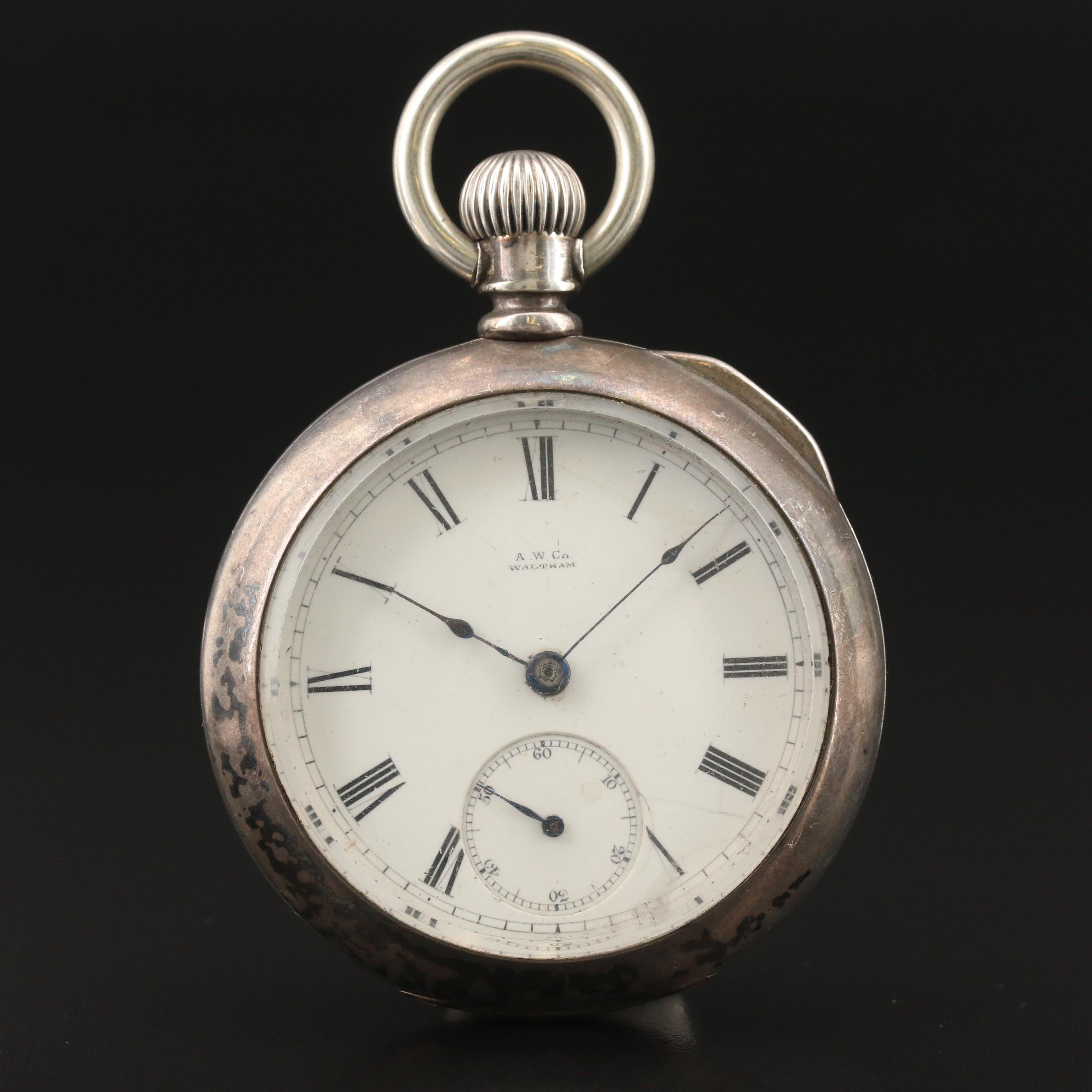 Vintage AWC Waltham Coin Silver Pocket Watch