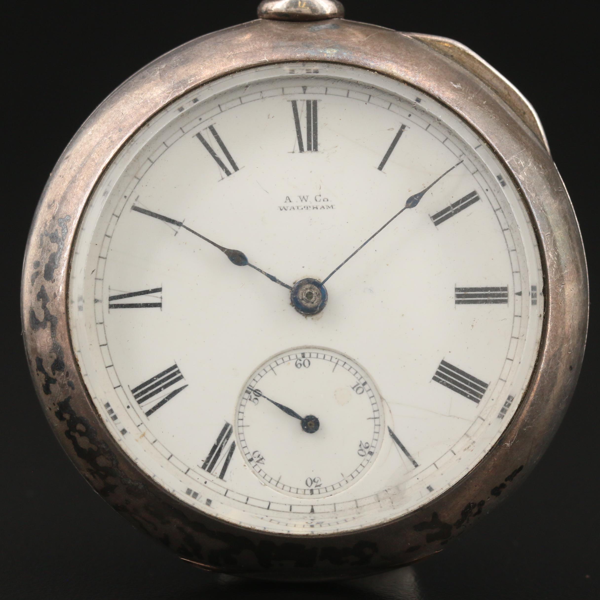 Vintage AWC Waltham Coin Silver Pocket Watch