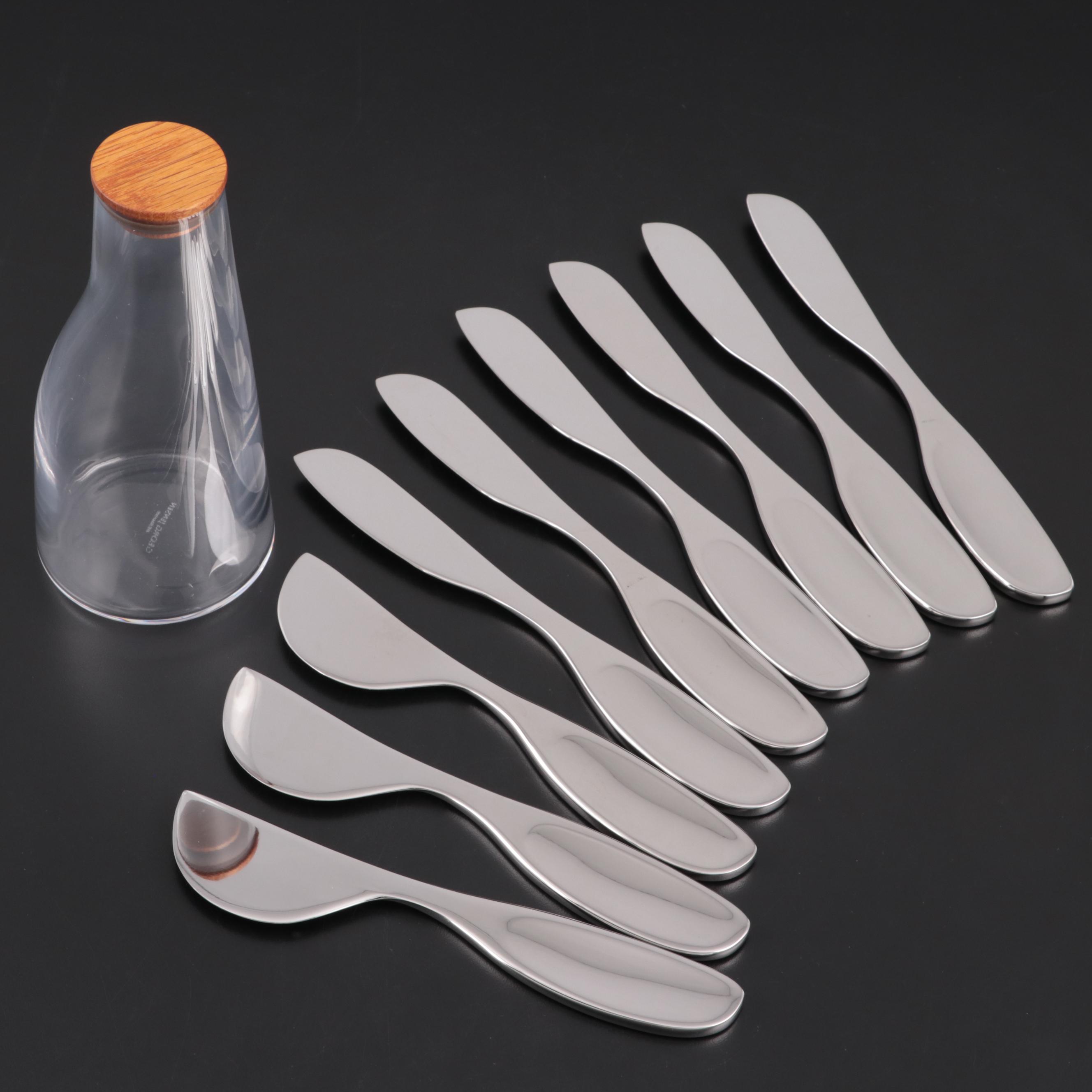 Georg Jensen "Alfredo" Stainless Steel Cheese Knives with "Barbry" Glass Carafe