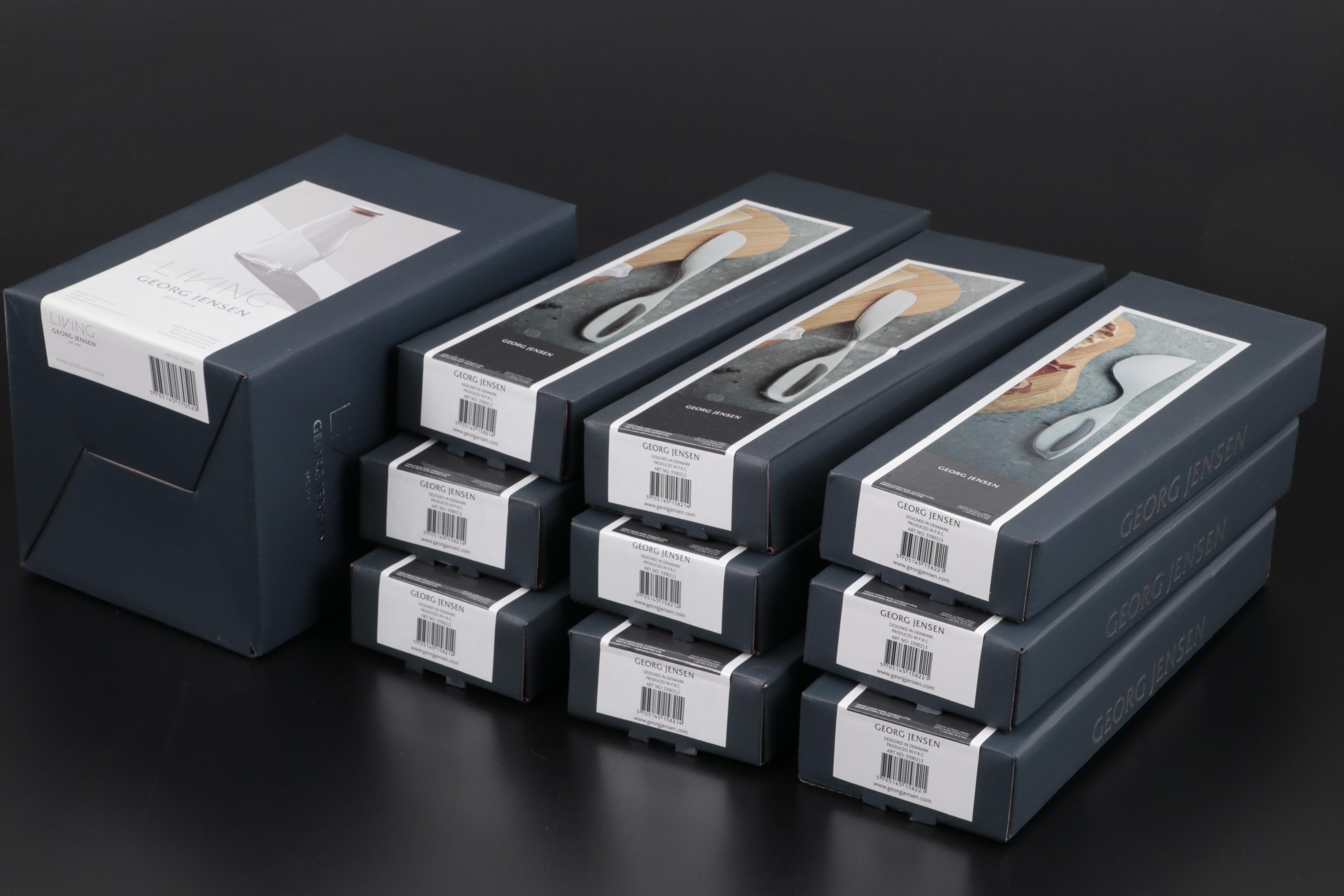 Georg Jensen "Alfredo" Stainless Steel Cheese Knives with "Barbry" Glass Carafe