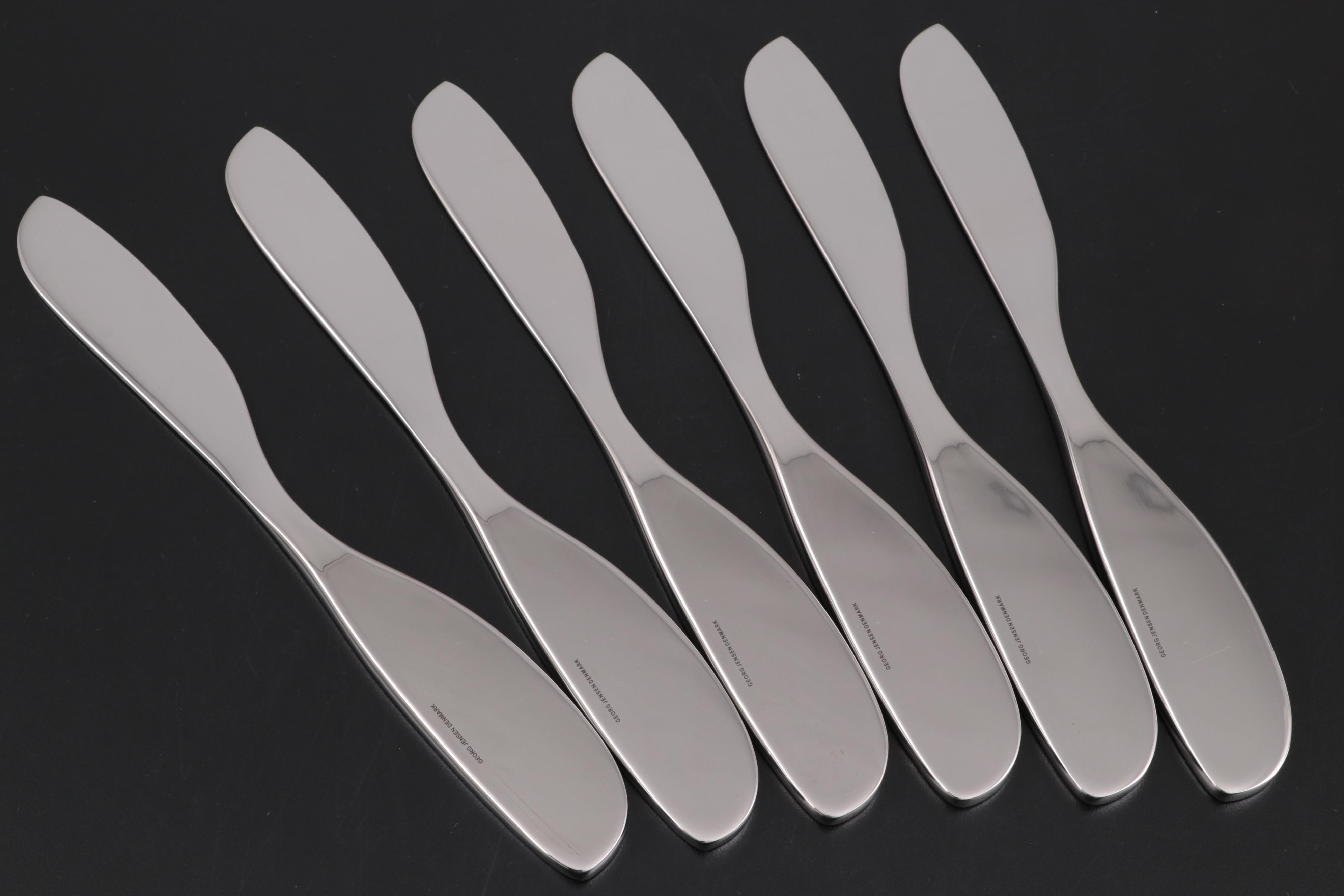 Georg Jensen "Alfredo" Stainless Steel Cheese Knives with "Barbry" Glass Carafe