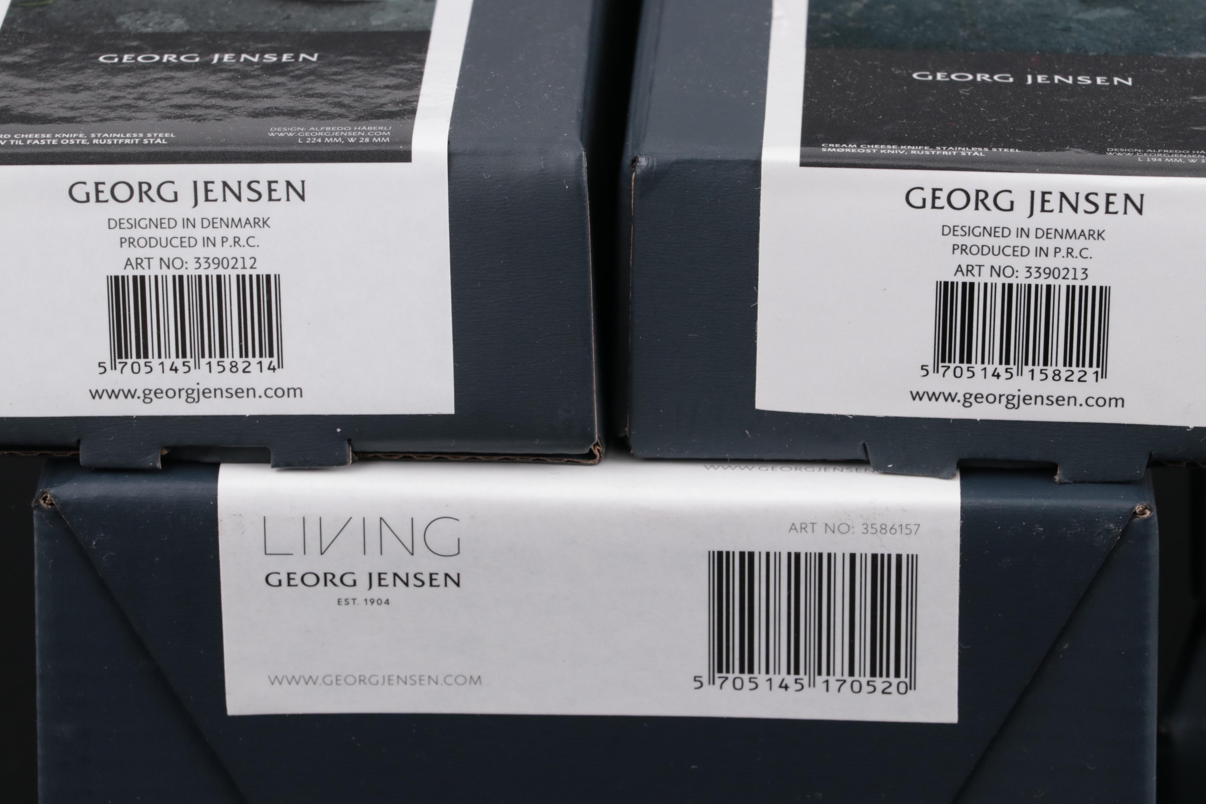 Georg Jensen "Alfredo" Stainless Steel Cheese Knives with "Barbry" Glass Carafe