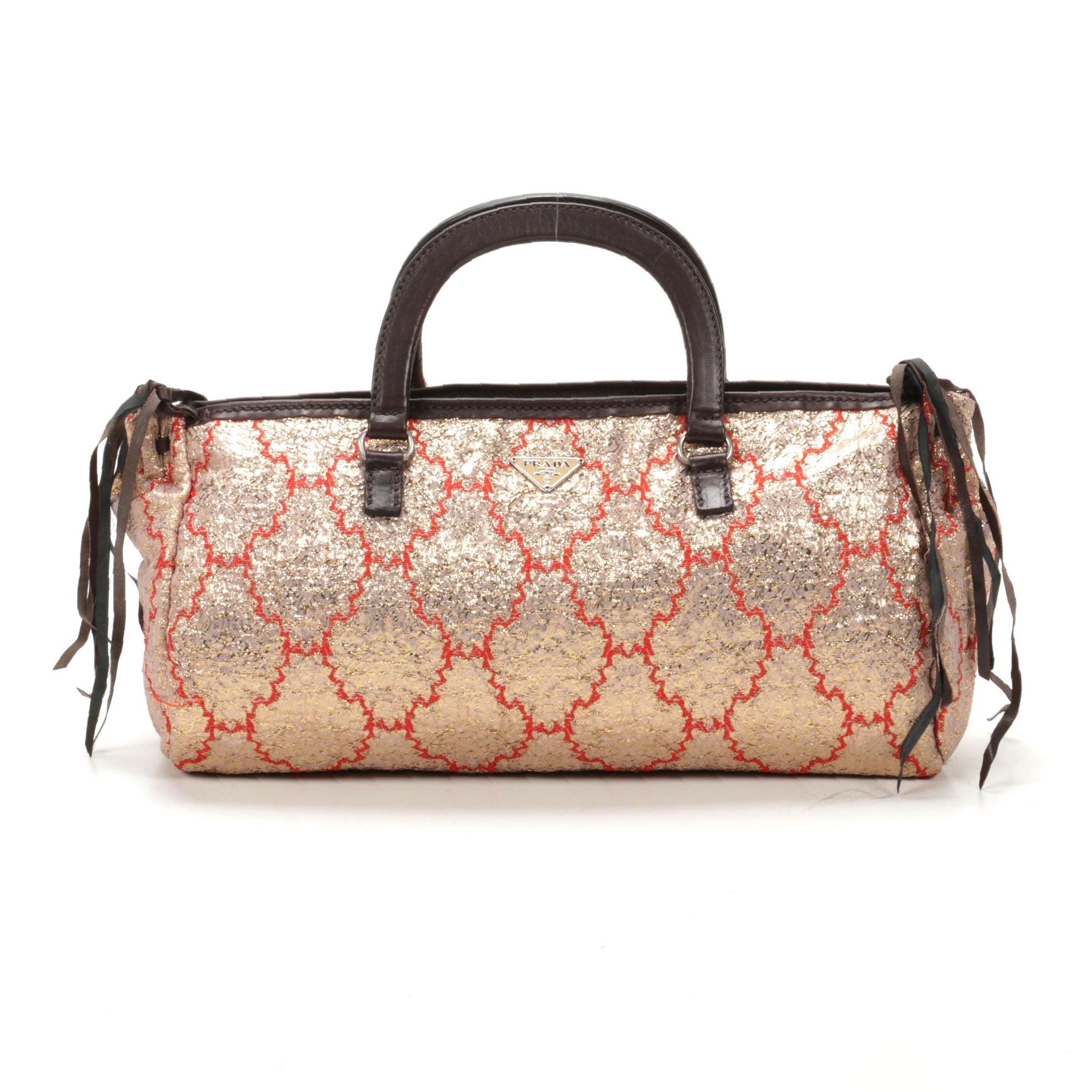Prada Top Handle Bag in Metallic Brocade and Leather
