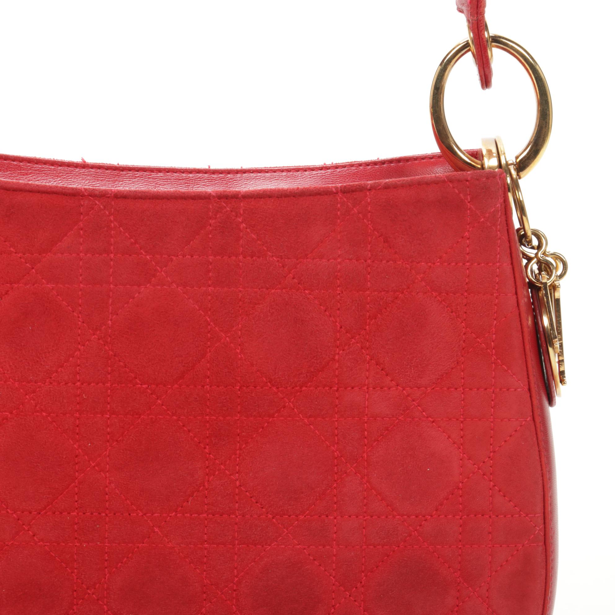 Christian Dior Shoulder Bag in Red Cannage Suede and Leather