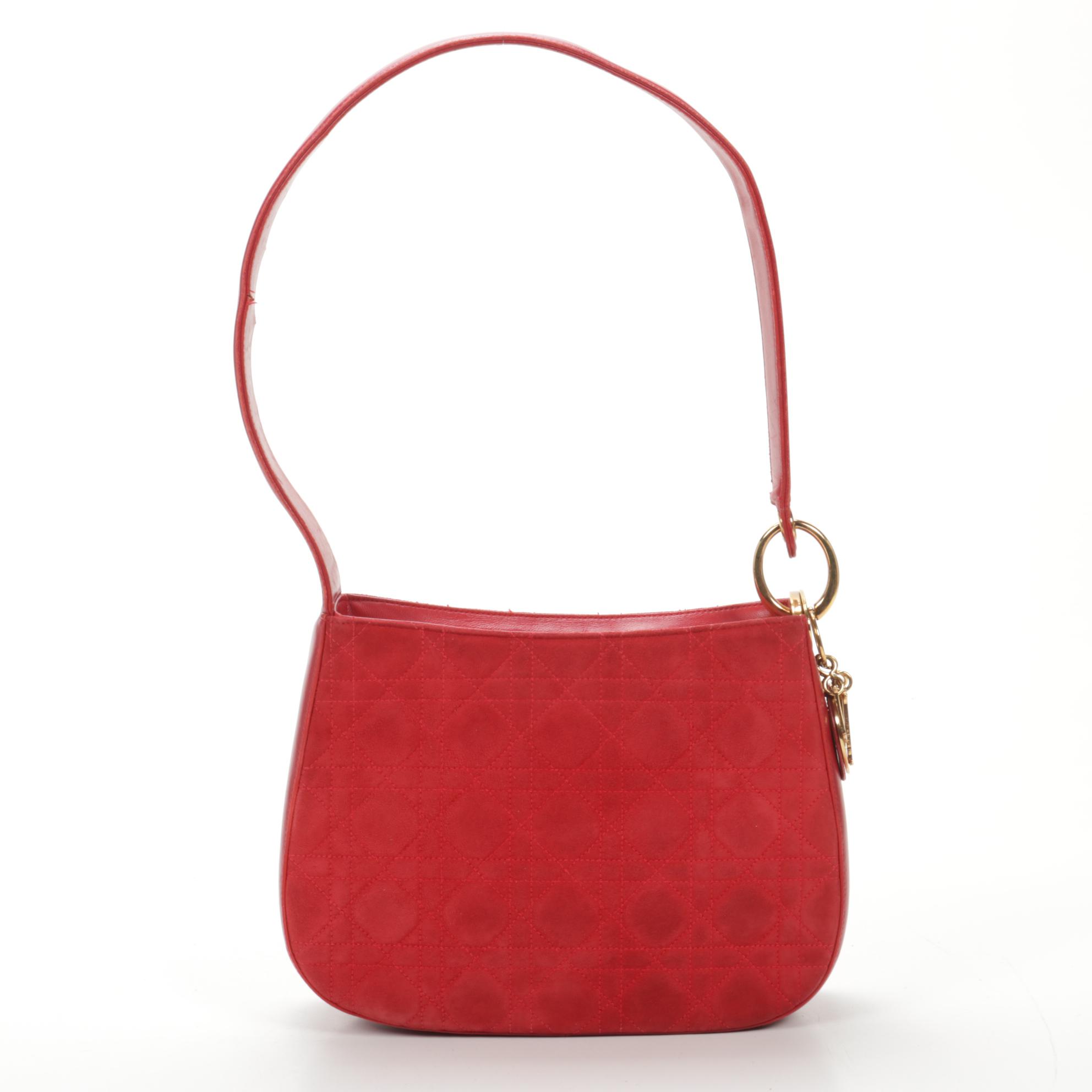 Christian Dior Shoulder Bag in Red Cannage Suede and Leather