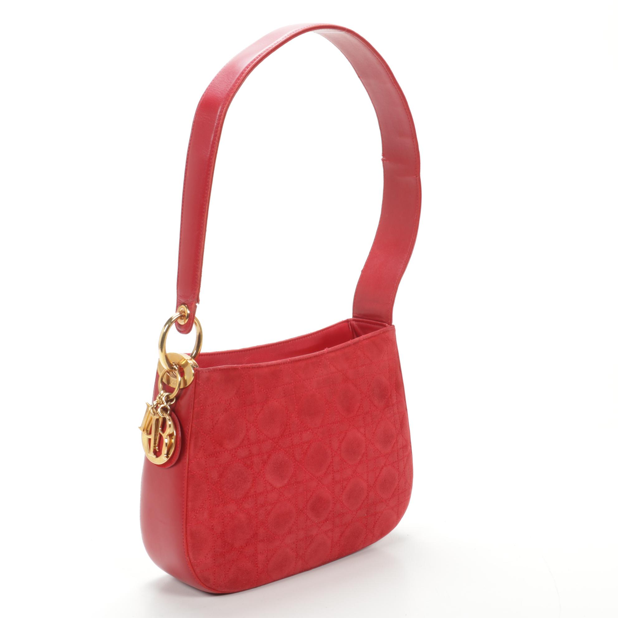 Christian Dior Shoulder Bag in Red Cannage Suede and Leather