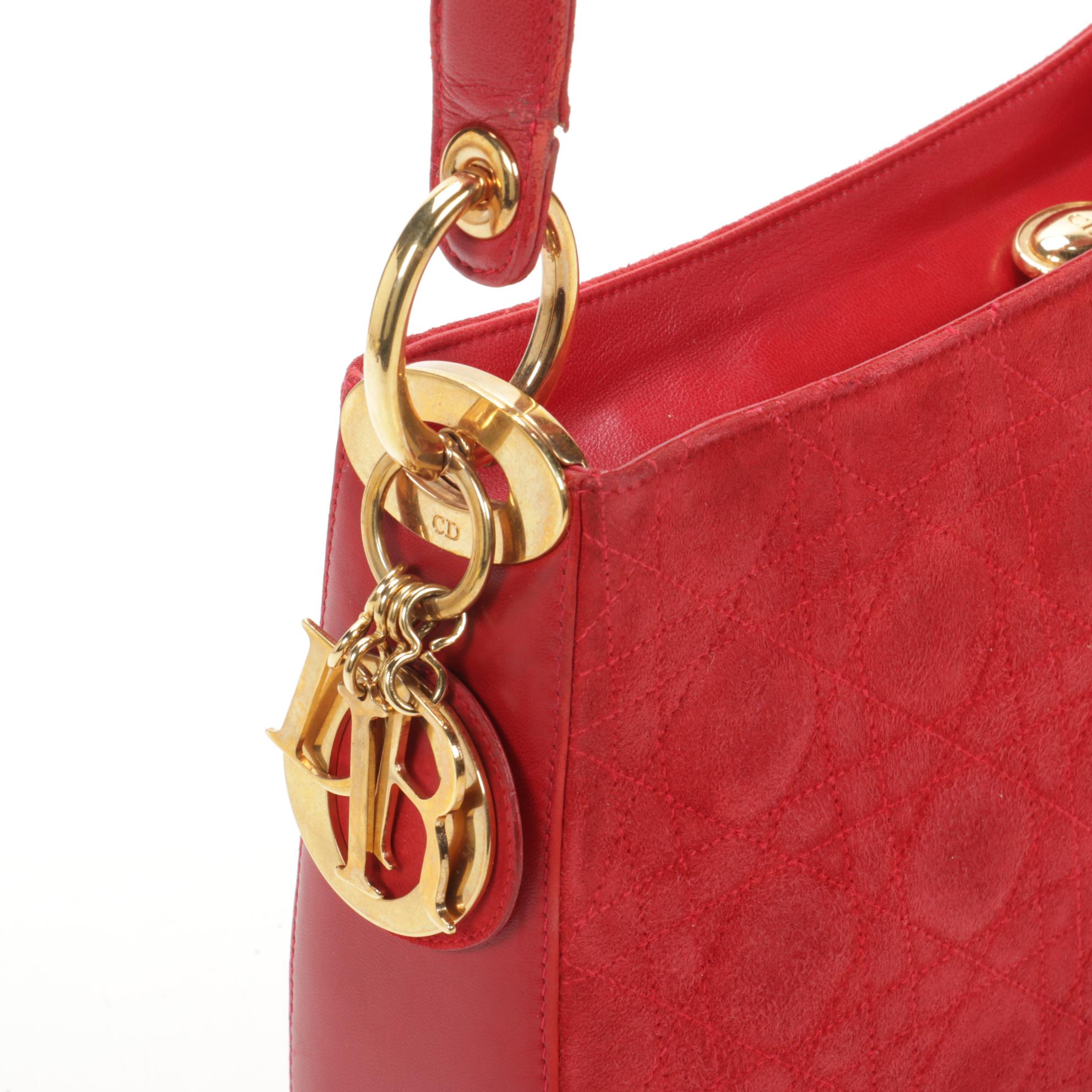 Christian Dior Shoulder Bag in Red Cannage Suede and Leather