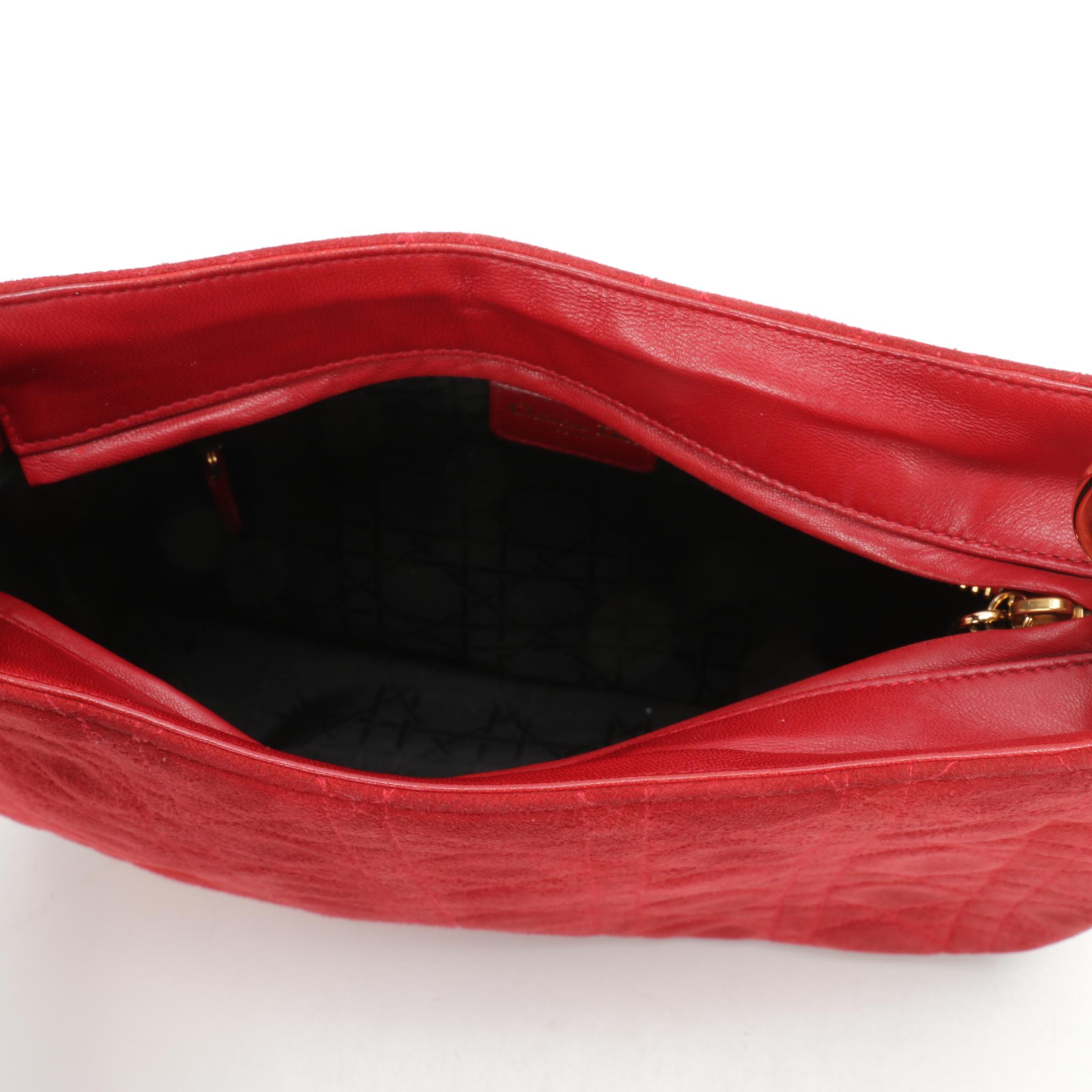 Christian Dior Shoulder Bag in Red Cannage Suede and Leather