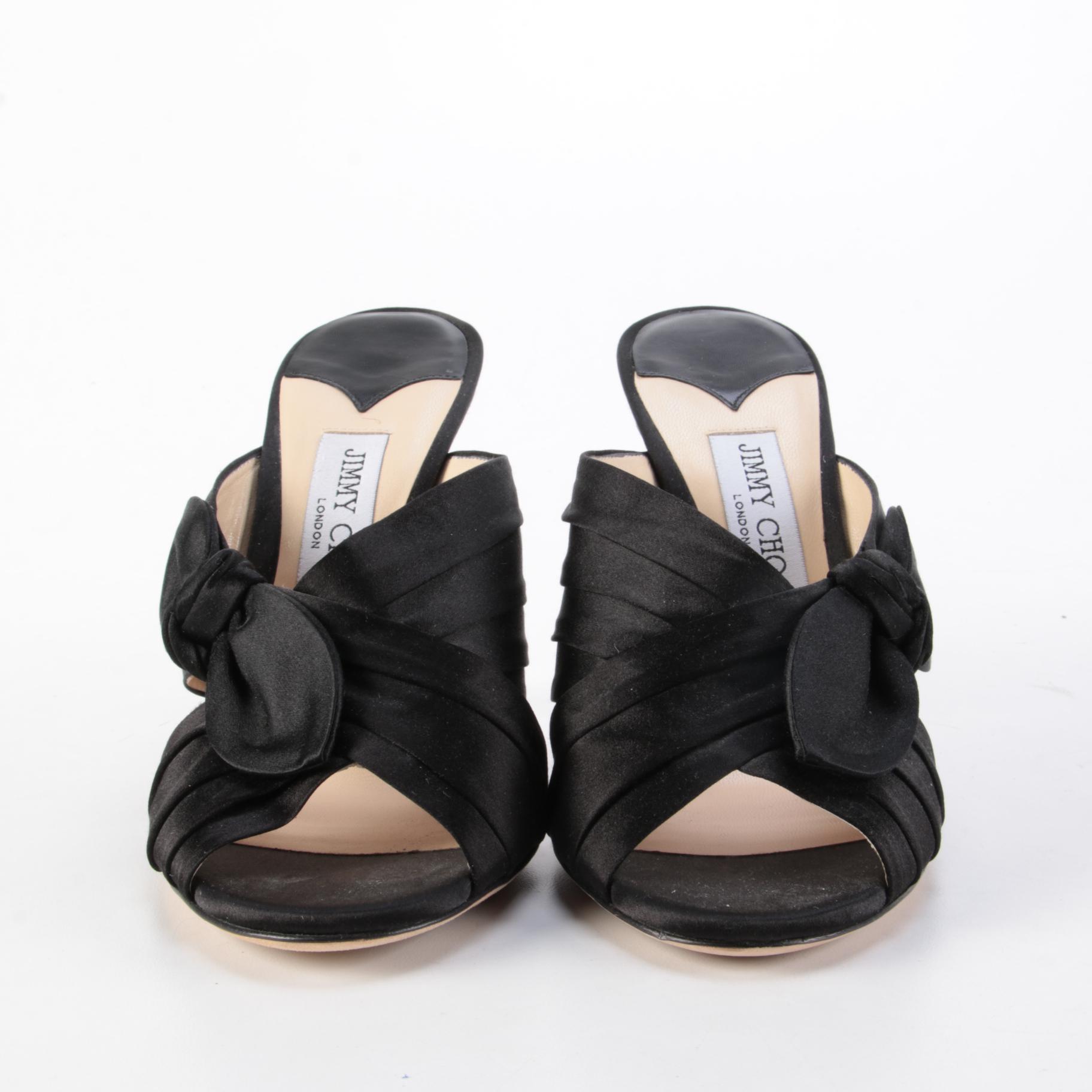 Jimmy Choo Keely 100 Bow Black Satin High Heel Mules with Box