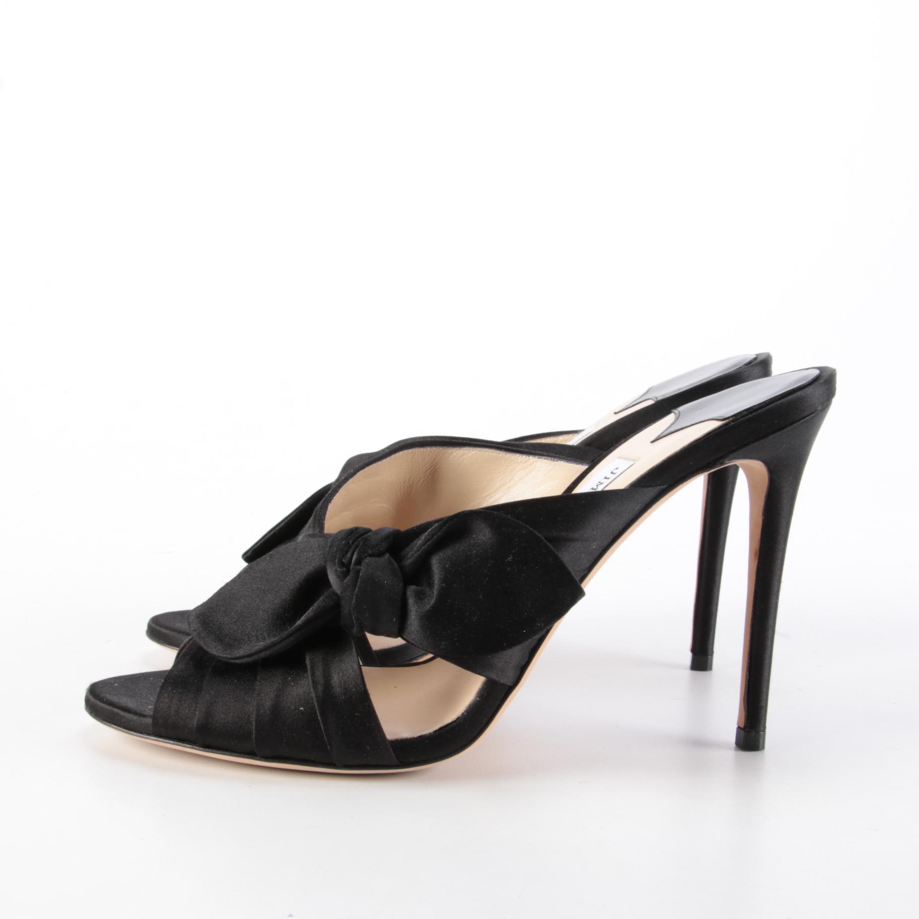 Jimmy Choo Keely 100 Bow Black Satin High Heel Mules with Box