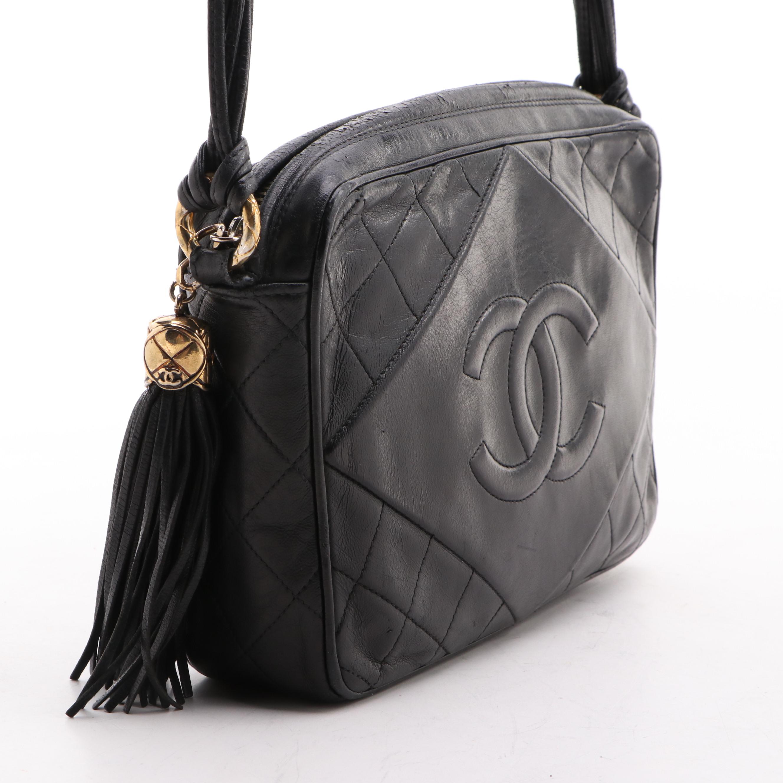Chanel CC Diamond Quilted Black Leather Camera Bag with Tassel