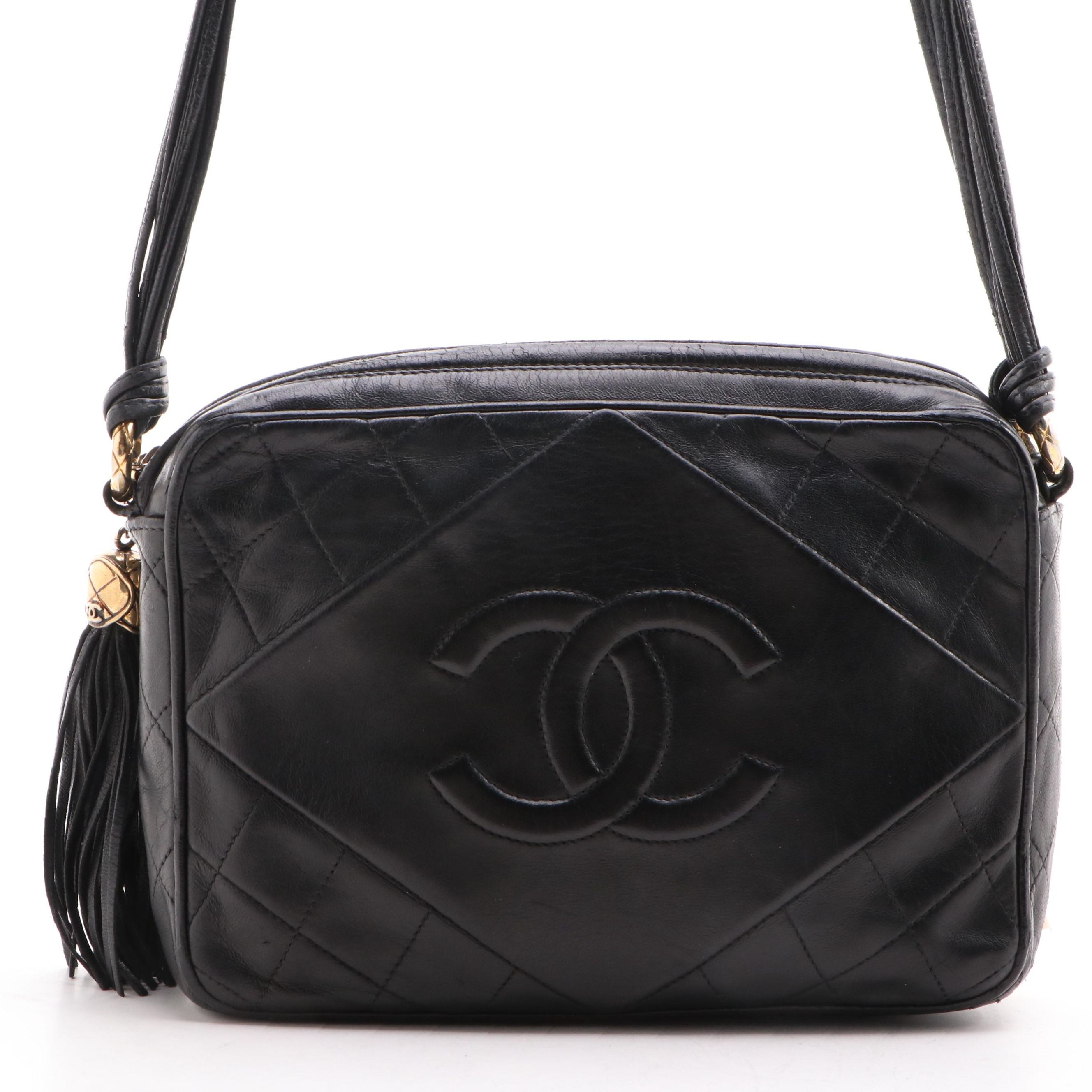 Chanel CC Diamond Quilted Black Leather Camera Bag with Tassel