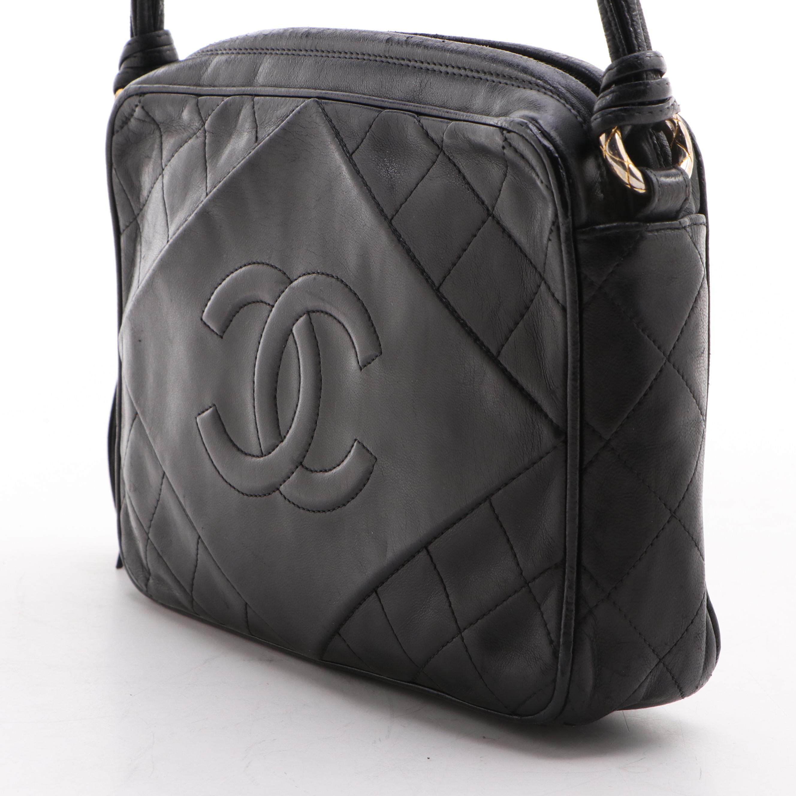 Chanel CC Diamond Quilted Black Leather Camera Bag with Tassel