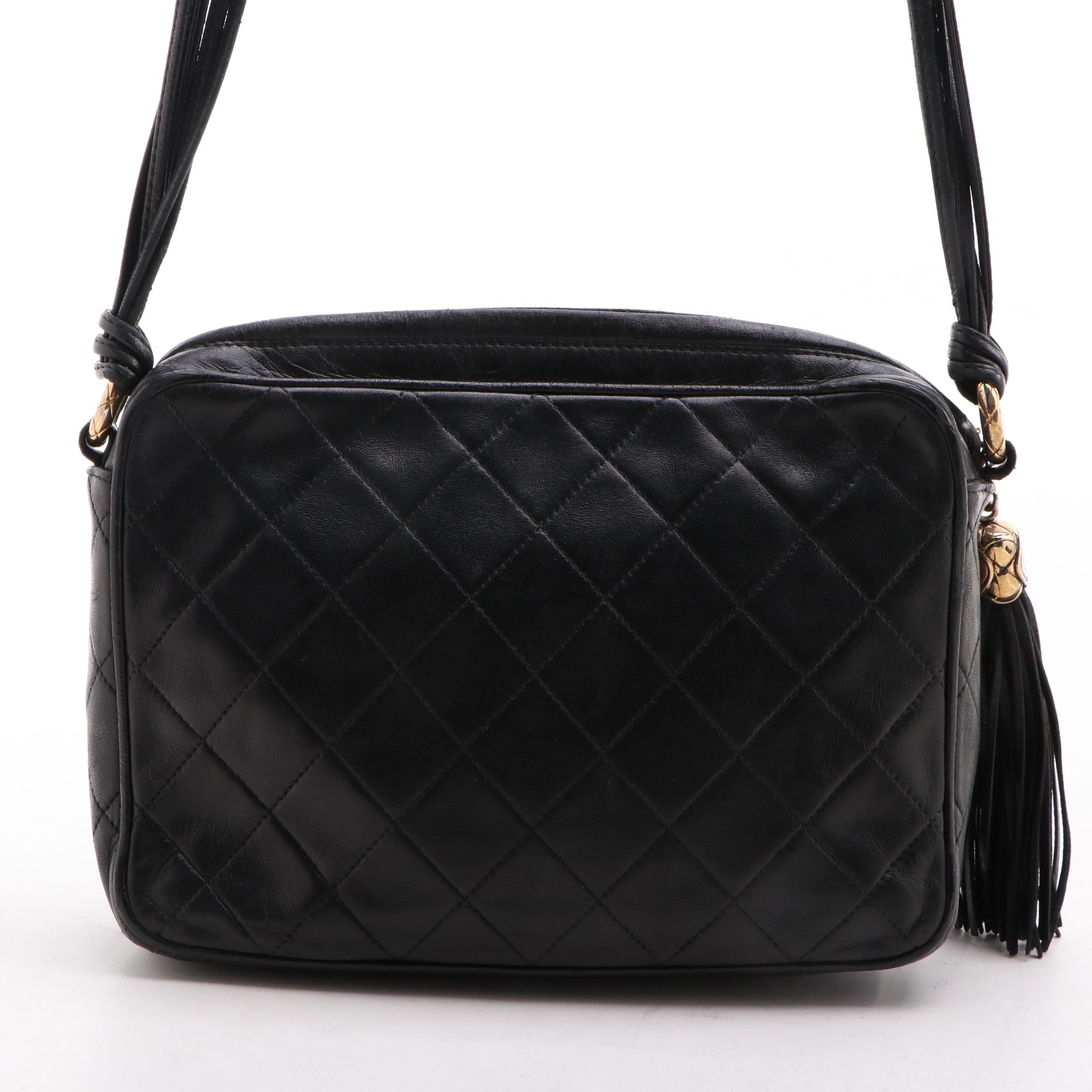 Chanel CC Diamond Quilted Black Leather Camera Bag with Tassel