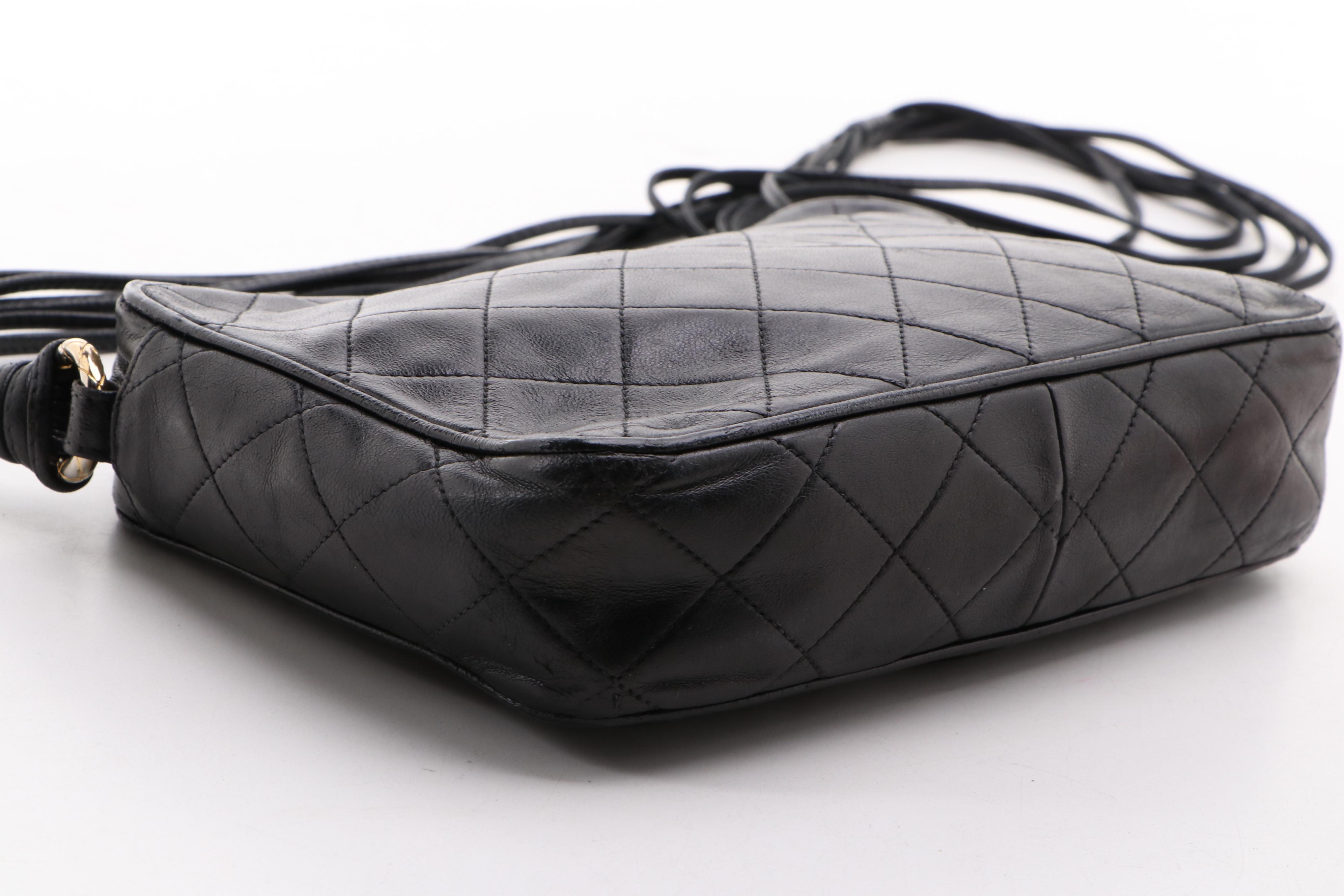 Chanel CC Diamond Quilted Black Leather Camera Bag with Tassel