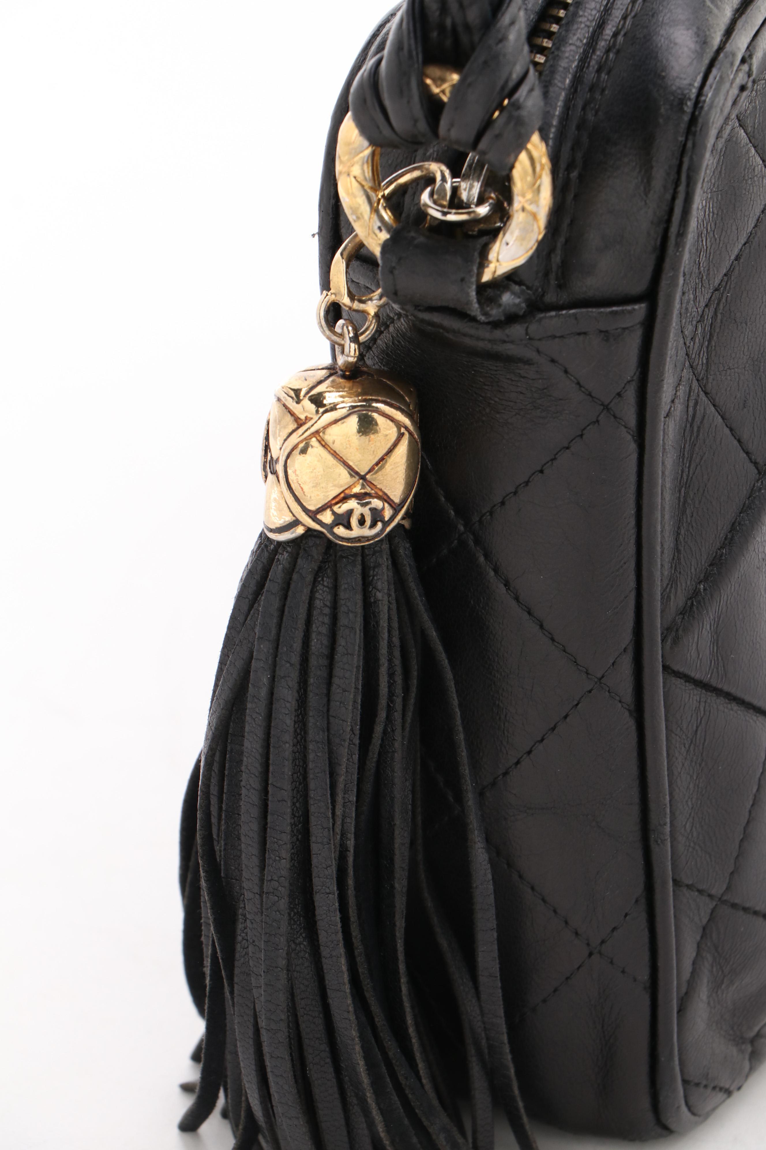 Chanel CC Diamond Quilted Black Leather Camera Bag with Tassel