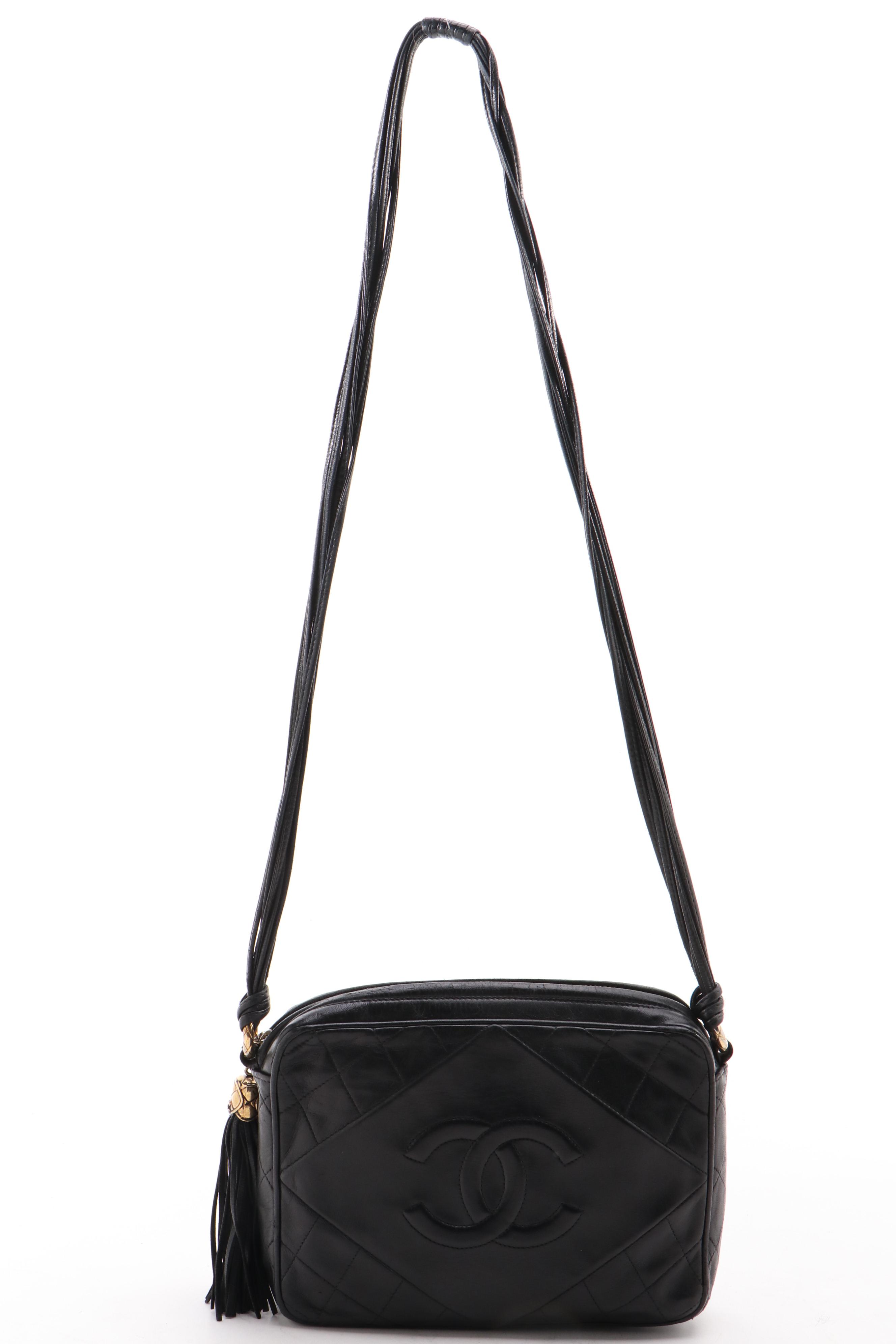 Chanel CC Diamond Quilted Black Leather Camera Bag with Tassel