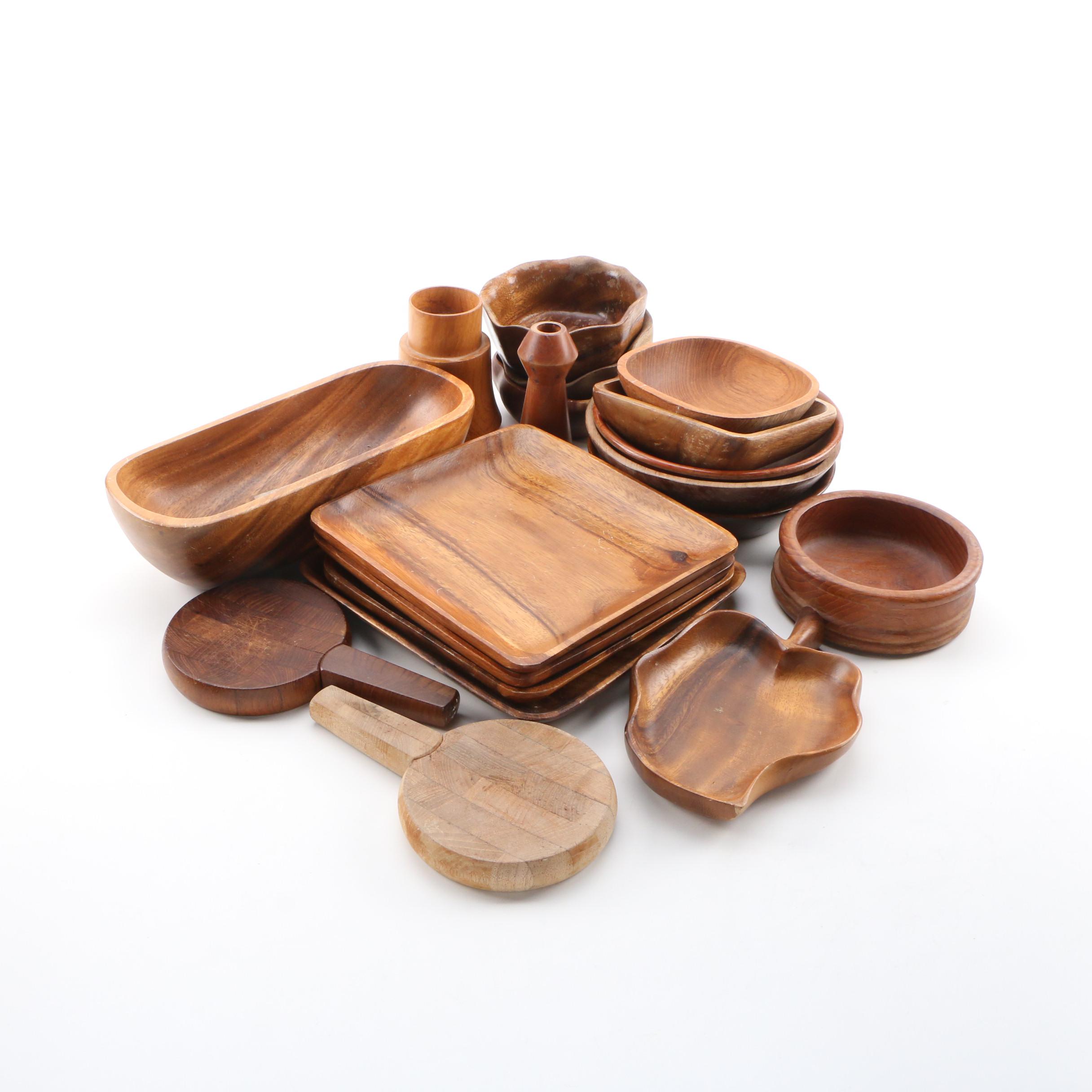 Boltalite, Teak, Palm & Acacia Wood Carved Bowls, Platters, with Dansk Spreaders
