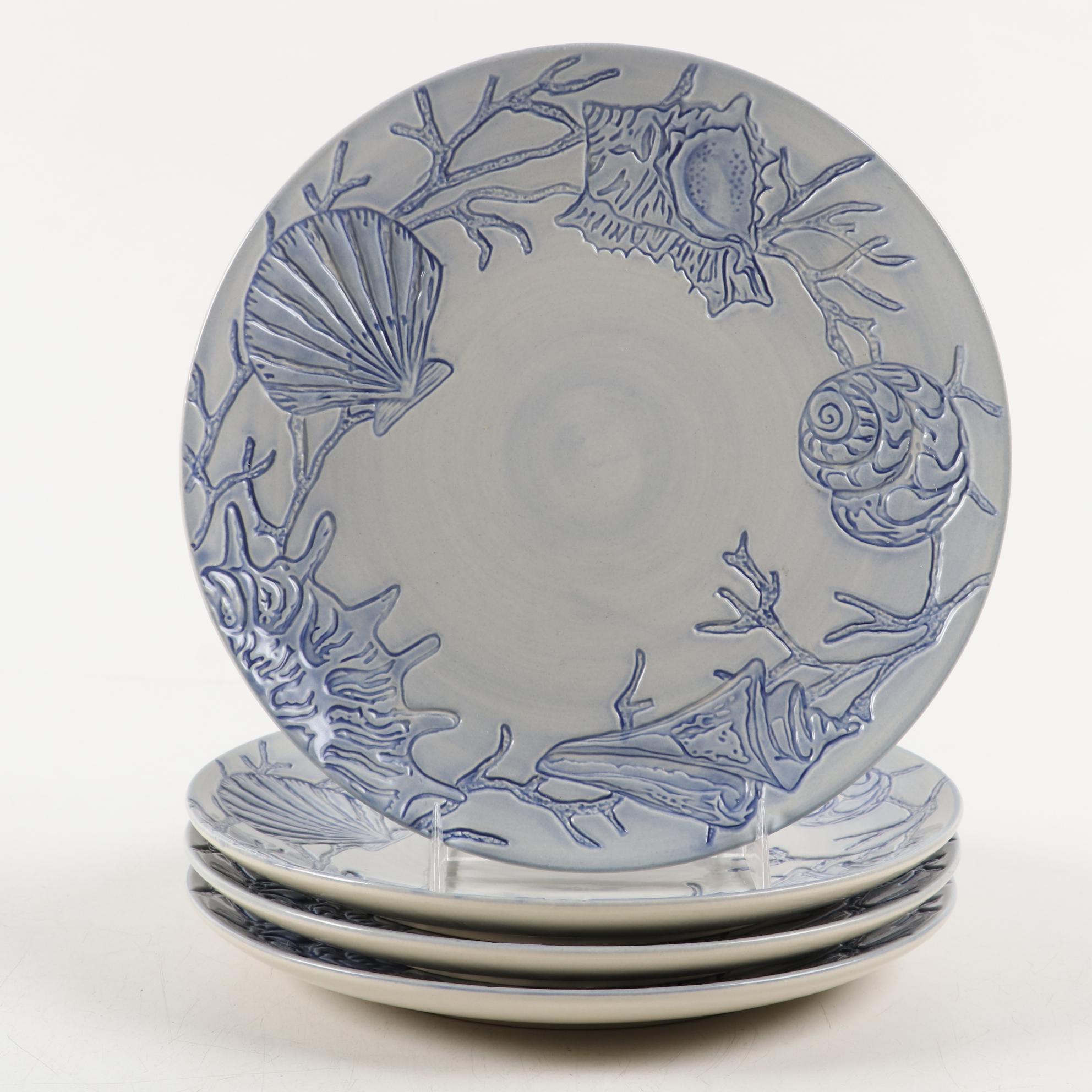 Pottery Barn "Nile" Dinner Plates with Ceramic "Blue Shell" Luncheon Plates