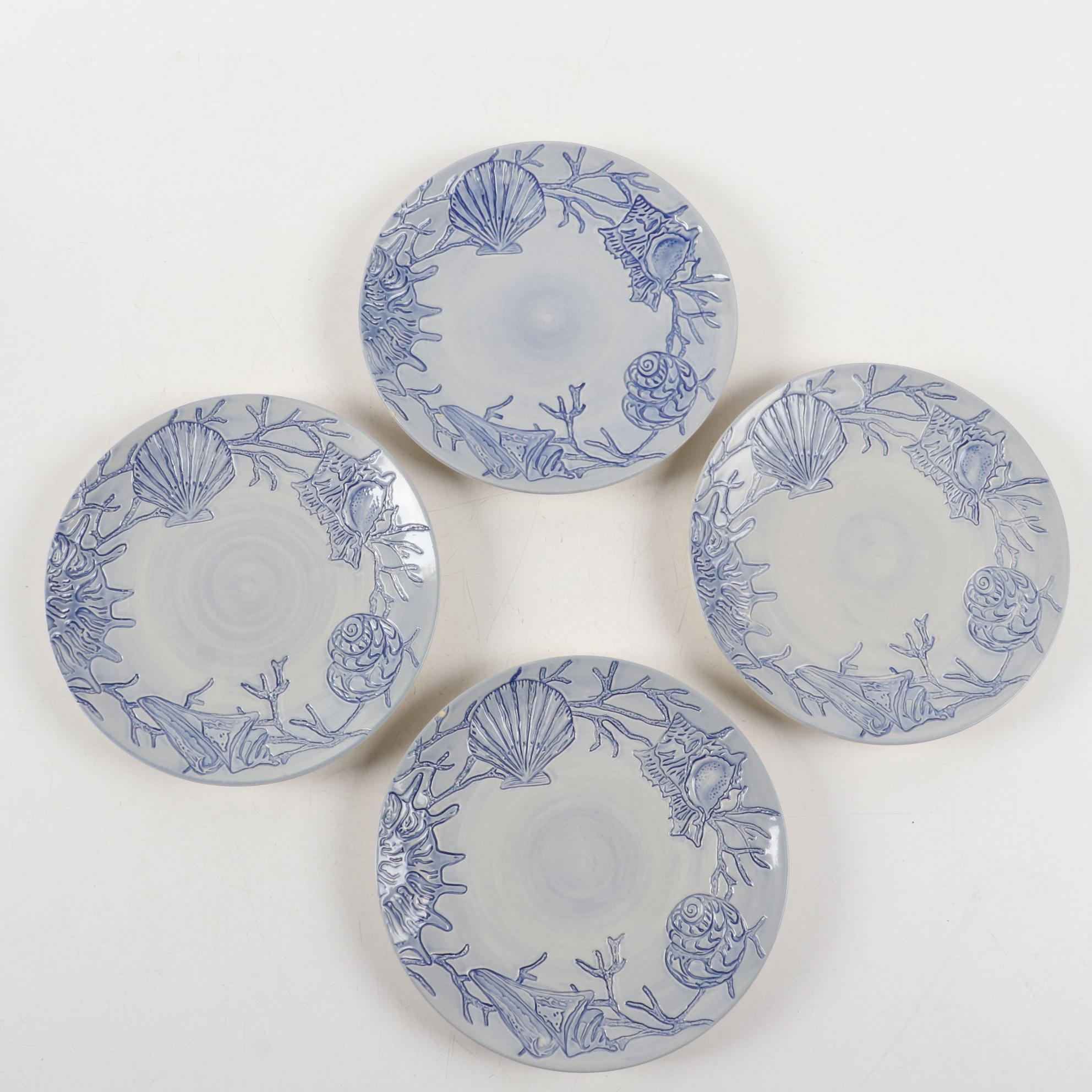 Pottery Barn "Nile" Dinner Plates with Ceramic "Blue Shell" Luncheon Plates