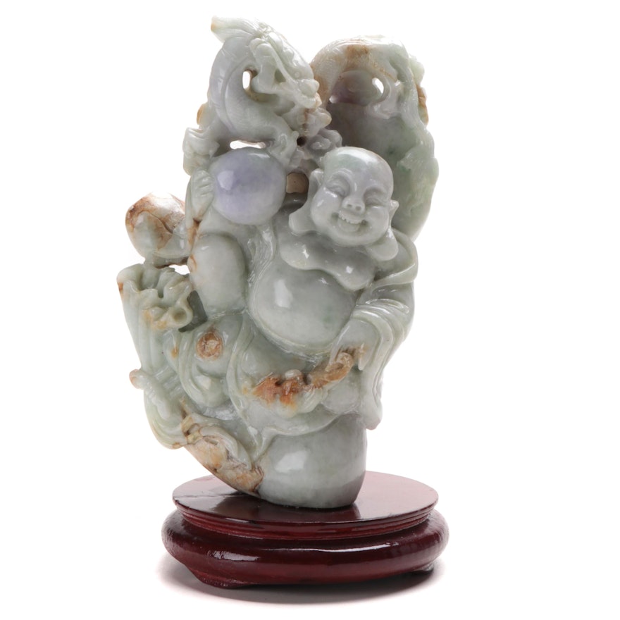 Chinese Style Carved Jadeite Figure of Traveling Bodai with Dragon and Coins