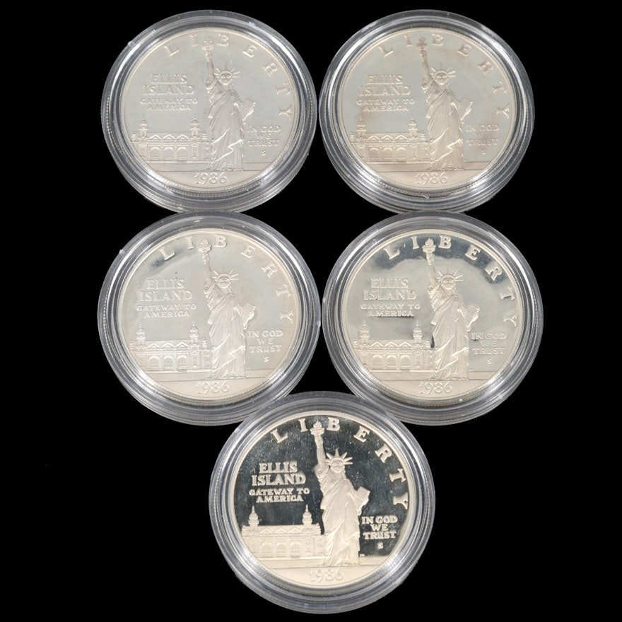 Five 1986-S Statue of Liberty Proof Commemorative Silver Dollars
