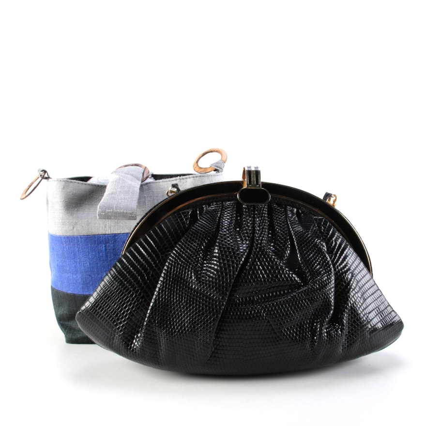 Siso Lizard Skin Crossbody Bag with Unlabeled Striped Textile Bucket Bag