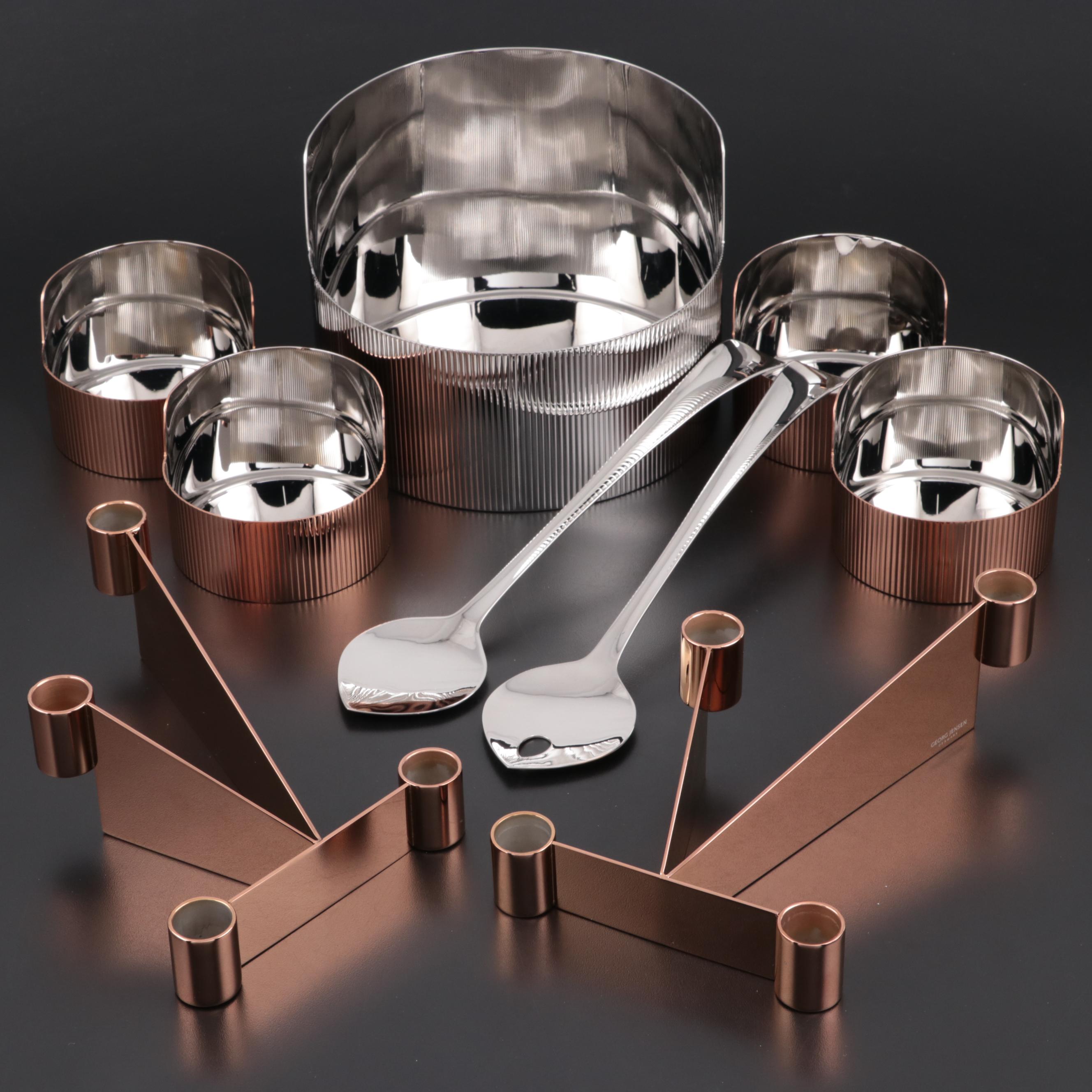 Georg Jensen "Urkiola" Candle Holders and Serving Bowls with "Duo" Salad Servers