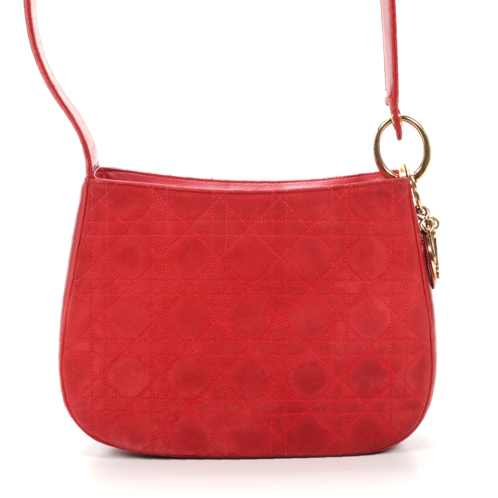 Christian Dior Shoulder Bag in Red Cannage Suede and Leather