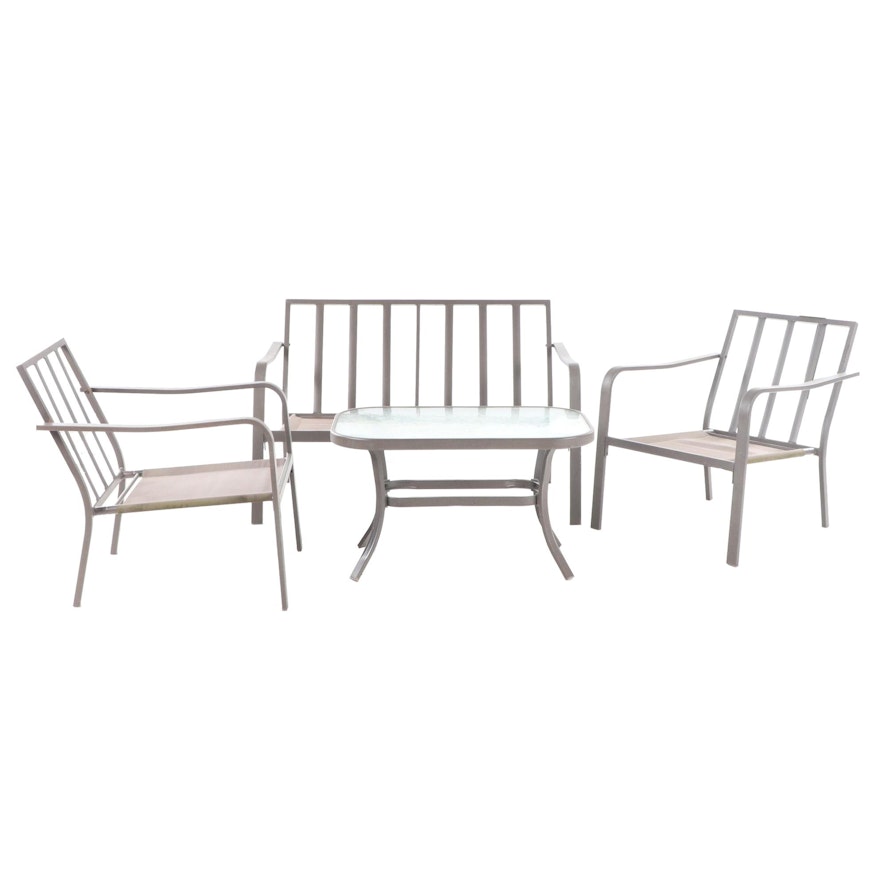 Contemporary Aluminum Patio Settee, Two Armchairs, and Glass Top Side Table