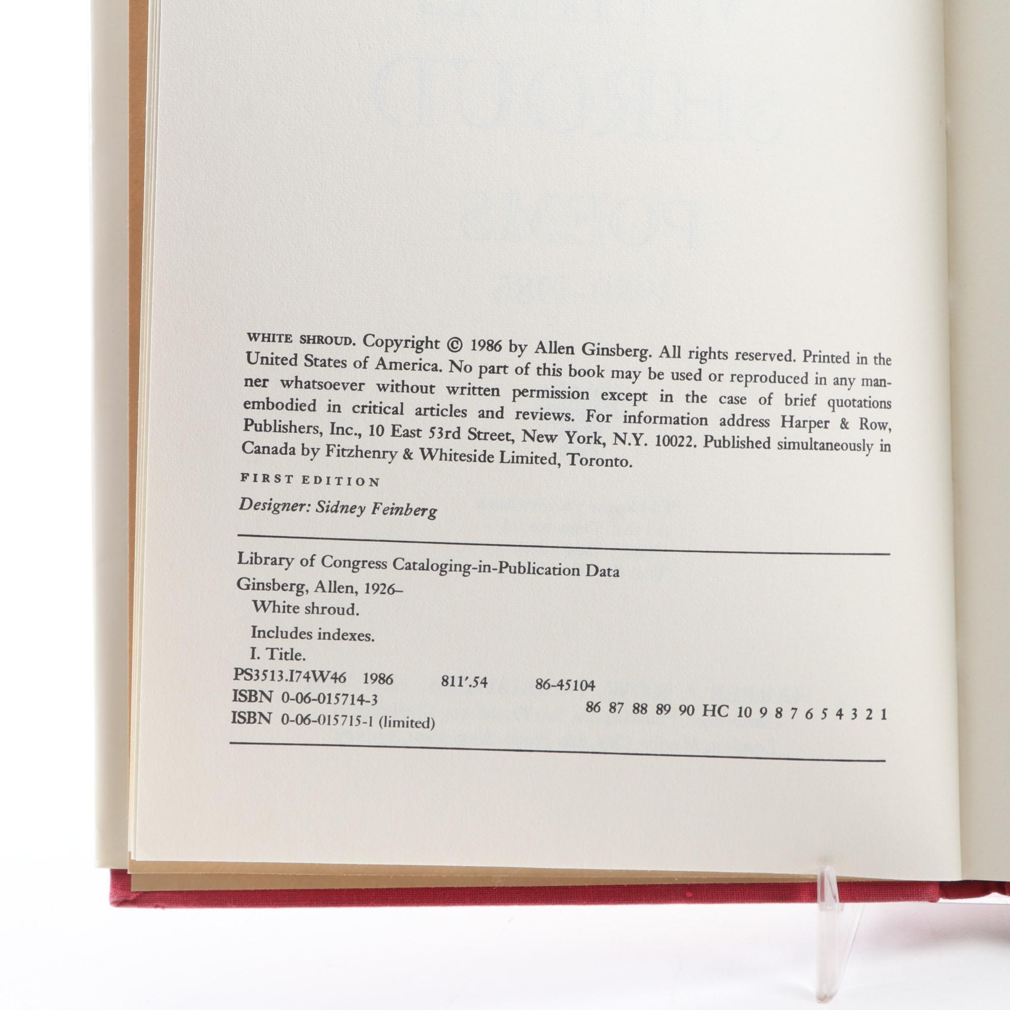 First Edition "White Shroud: Poems 1980–1985" by Allen Ginsberg, 1986