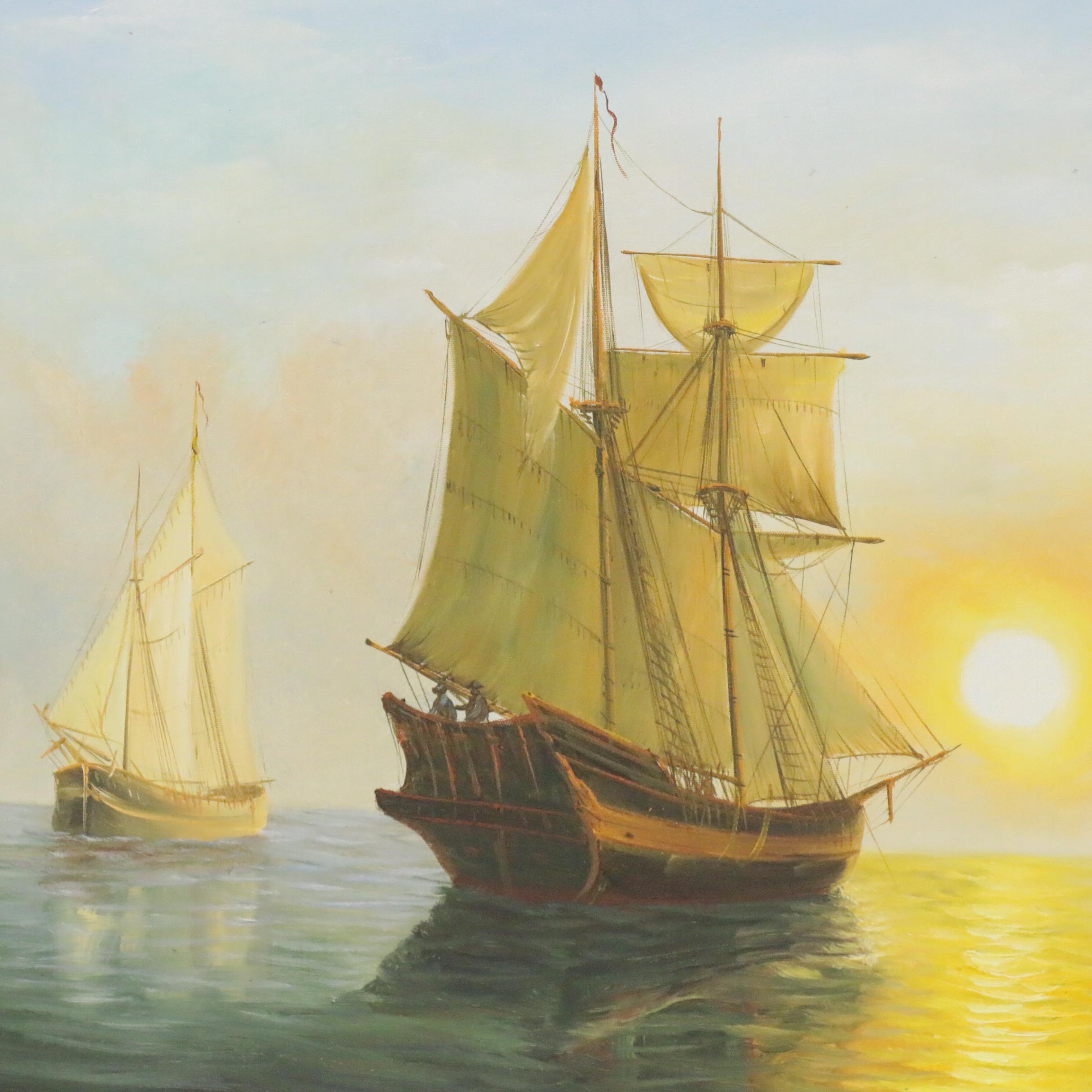 Nautical Oil Painting "Sunset Calm in the Bay of Fundy," circa 2000