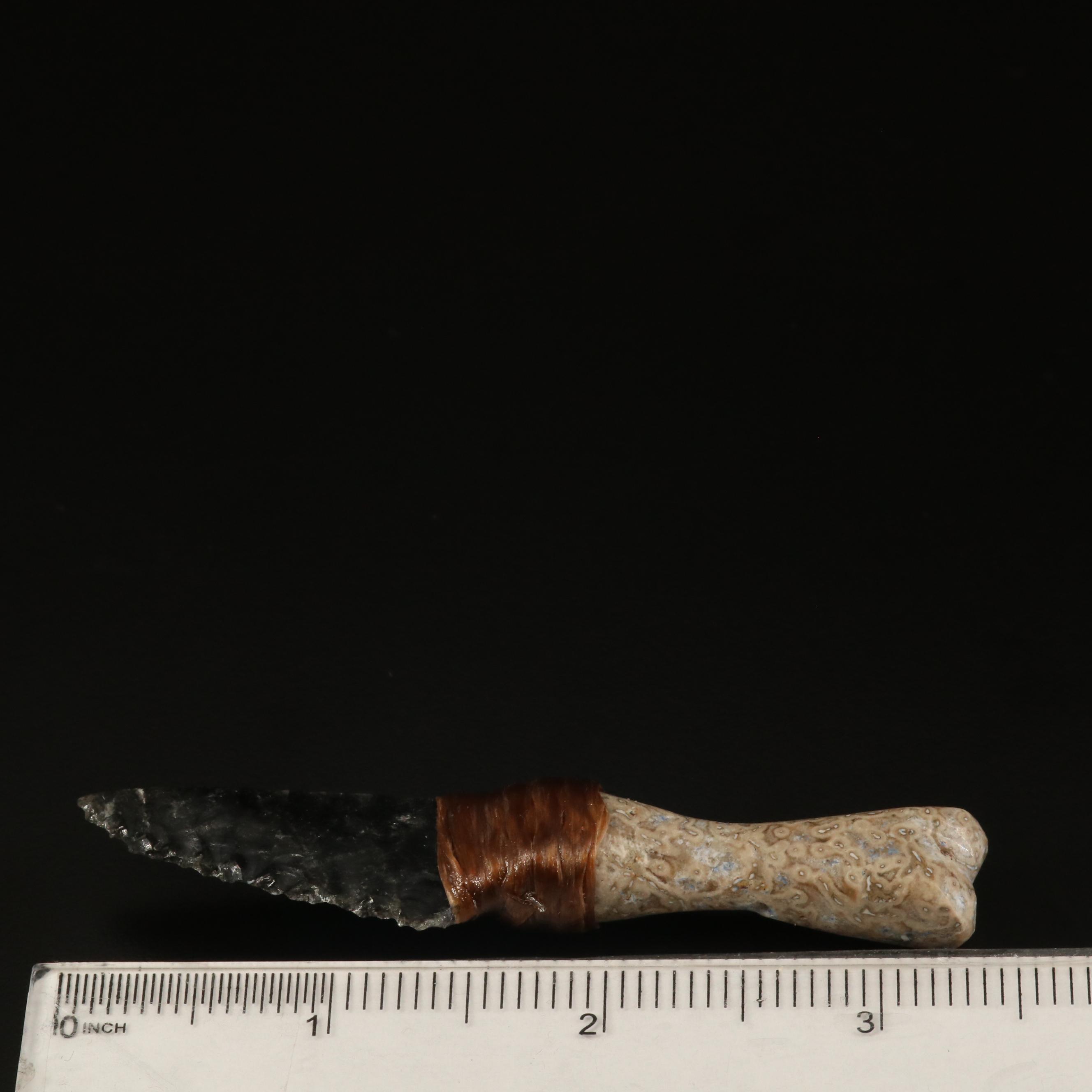 Fossilized Dinosaur Bone and Silver Sheen Obsidian Reproduction Knapped Knife