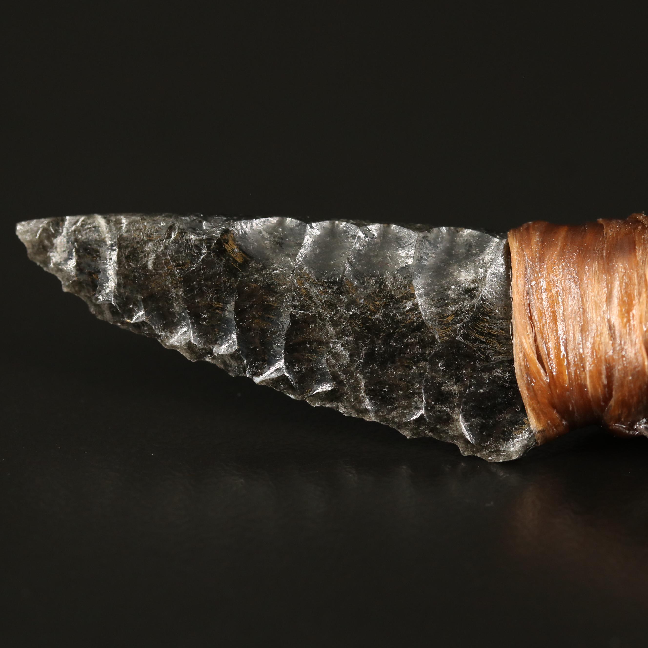 Fossilized Dinosaur Bone and Silver Sheen Obsidian Reproduction Knapped Knife